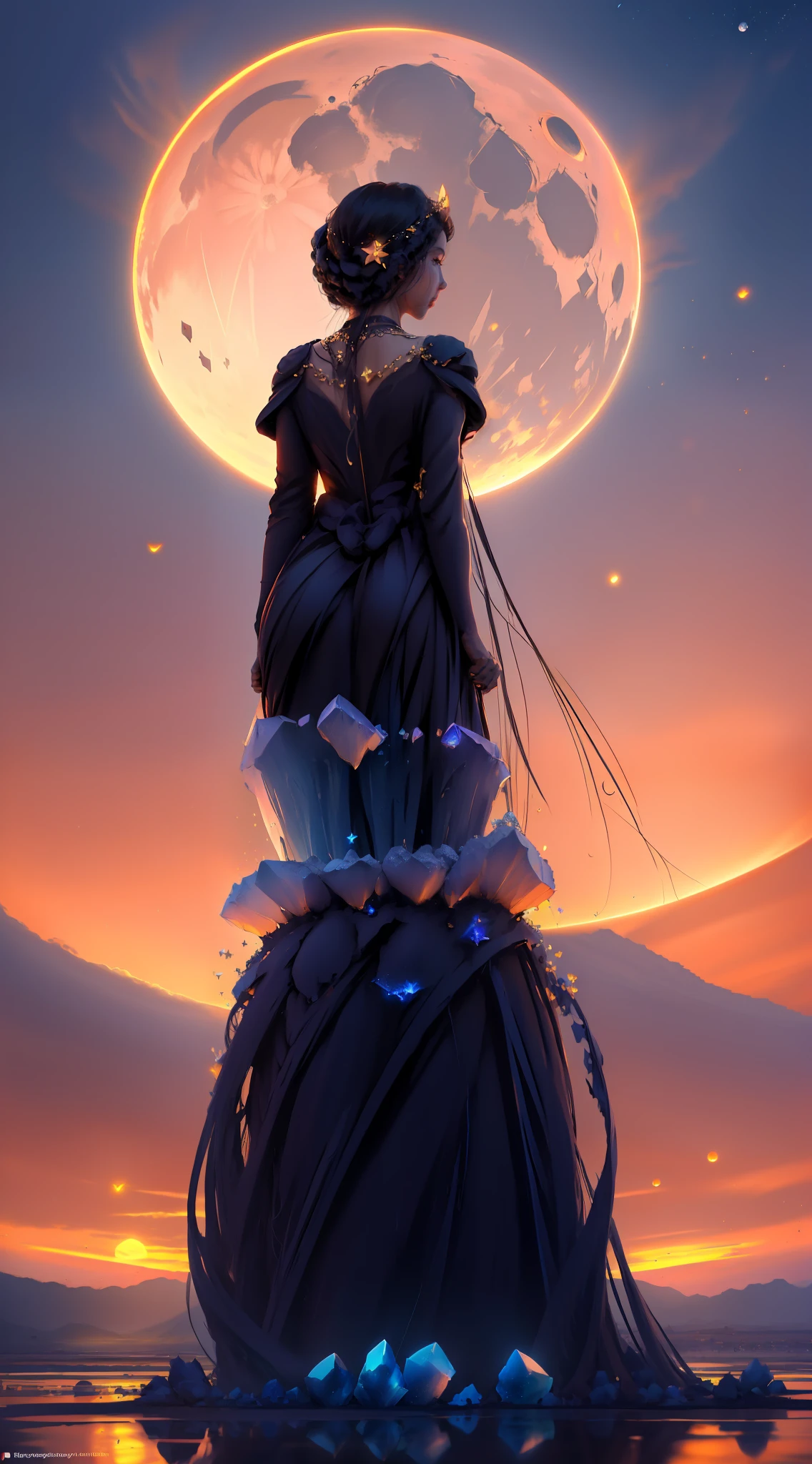 A big beautiful flowers made of crystal with huge strong roots on earth and beautiful huge moon in the sky , golden hour z stars in sky