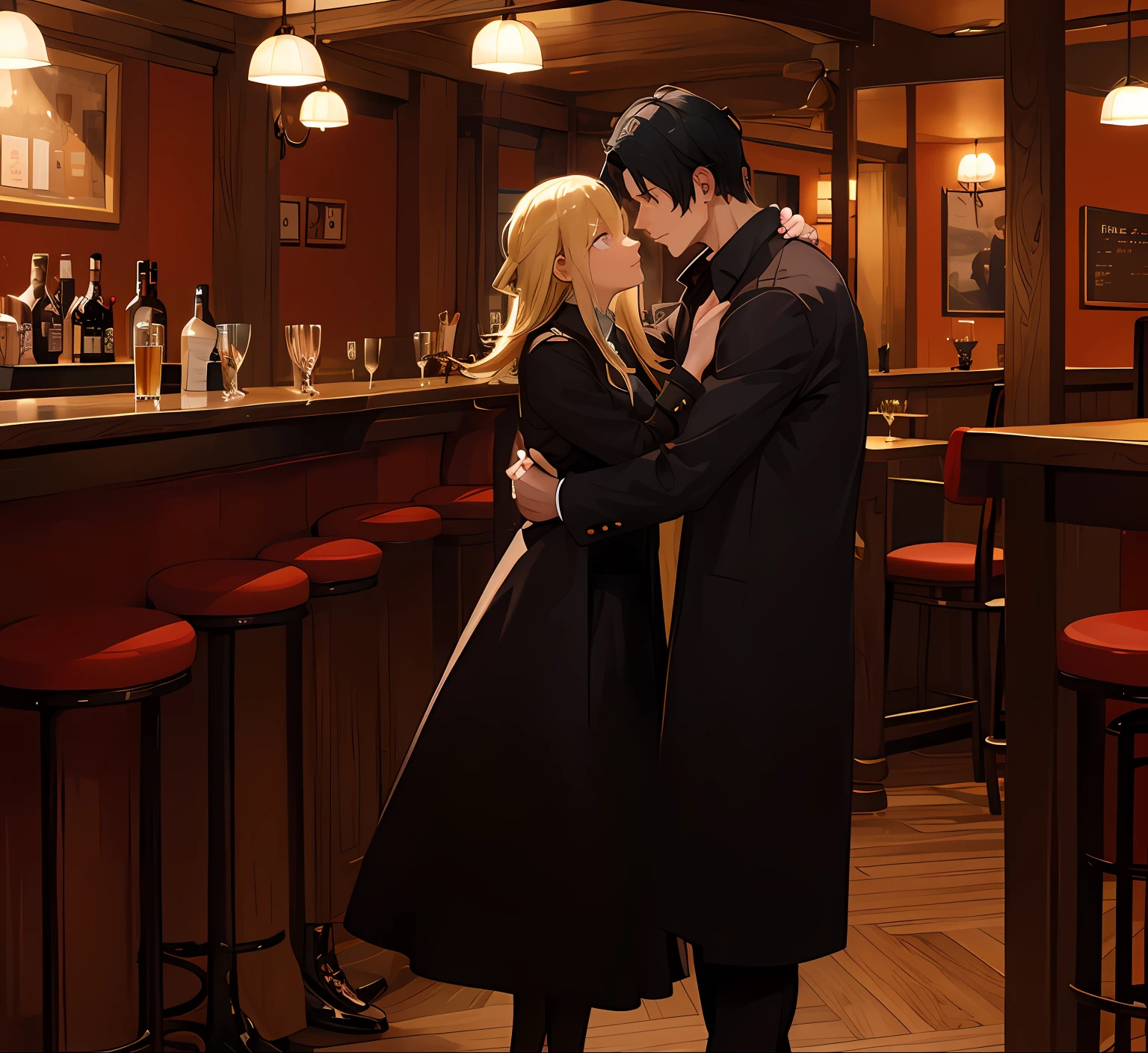 A blonde man in an overcoat and a dark-haired woman in a long dress,Hug and cry,in a pub