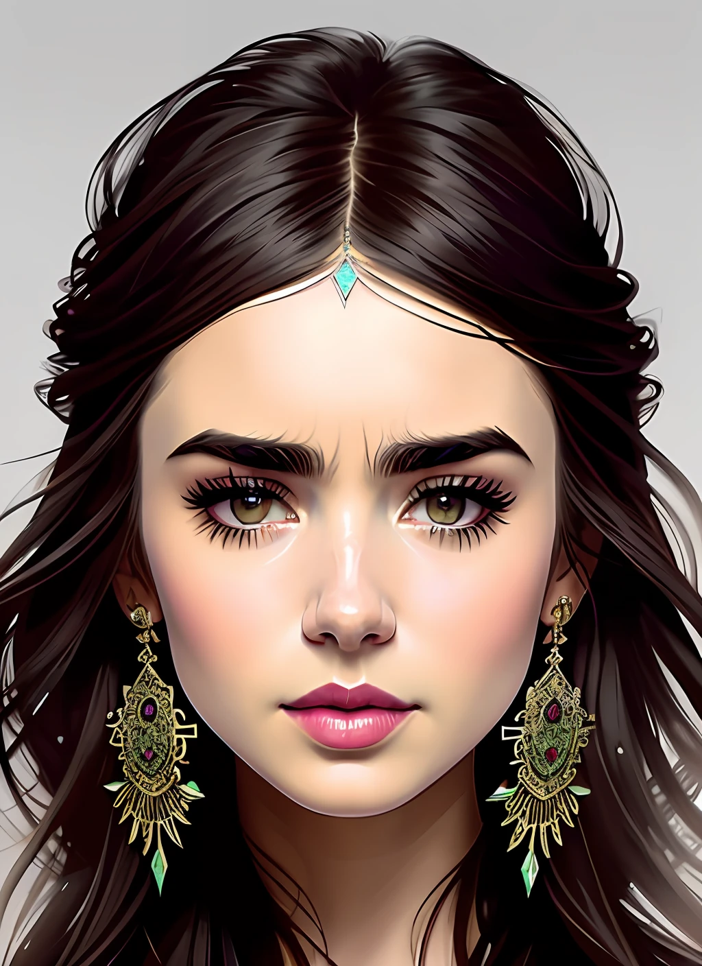 lily collins style lily collins (symmetry:1.1) (portrait of floral:1.05) a woman as a beautiful goddess, (assassins creed style:0.8), black and white and opal color scheme, beautiful intricate filegrid facepaint, intricate, elegant, highly detailed, digital painting, artstation, concept art, smooth, sharp focus, illustration, art by greg rutkowski and alphonse mucha, 8k