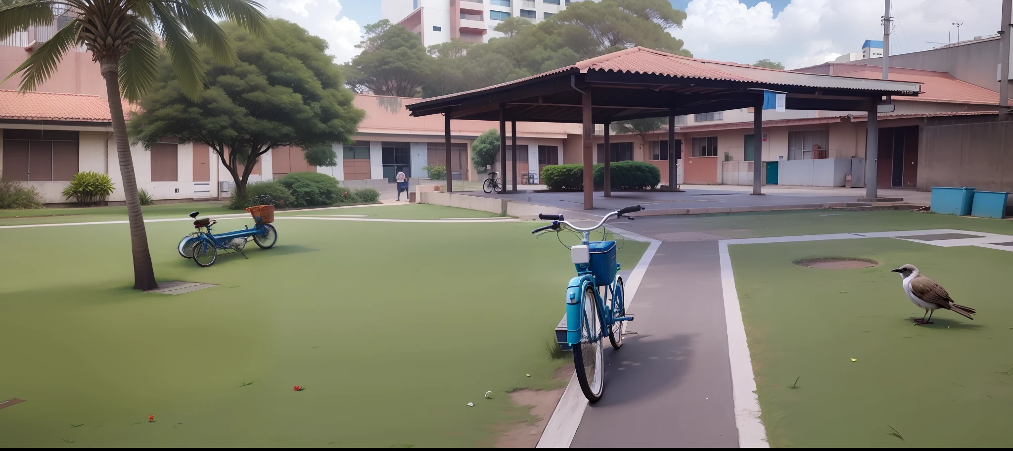 There's a bike parked on the grass where there's some birds chipping near a building, school courtyard, bicicleta no fundo, estudante, Outside, com um parque nos fundos, college, Directed by: David Ruby, com um parque ao fundo, Directed by: CeFerí Olivé, medium shot taken from behind, academia, Directed by: Judith Gutierrez, Hospital em segundo plano, lab in the background