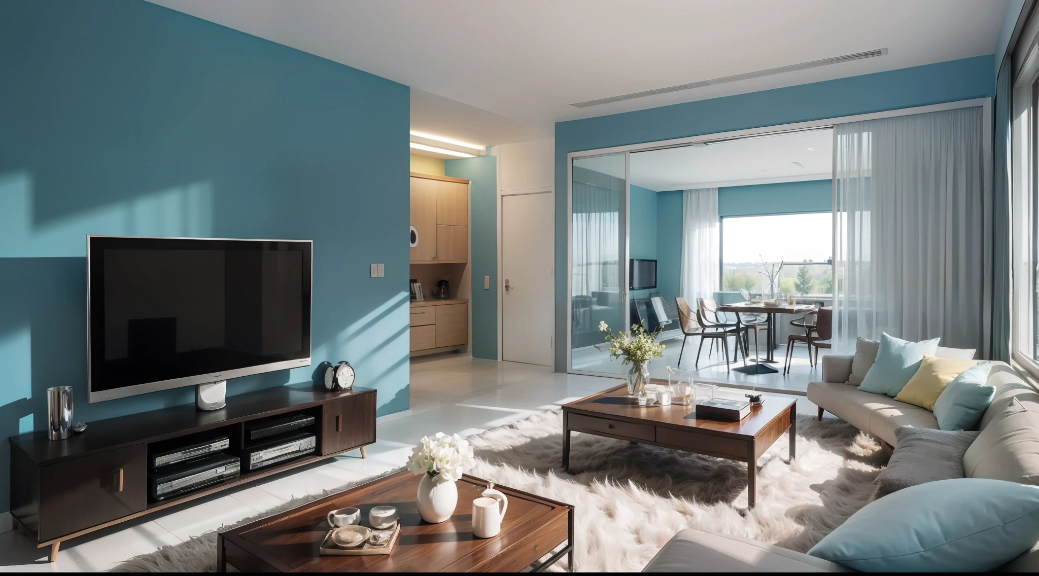 Living room sketch，brightly，warm，Simple，Sky blue walls，Wall mounted LCD TV