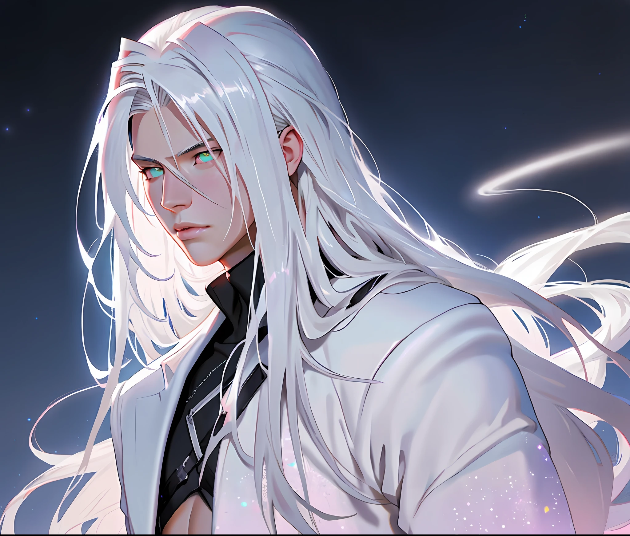 masterpiece, highest quality, (perfect face:1.1), (high detail:1.1), angel with long voluminous white hair, soft hair, (sephiroth), final fantasy, neon white eyes, solo ,1guy, long hair, white luxury suit, Rose Garden detailed background, realistic, covered navel, pouty lips, curvy guy, perfectly drawn face, cinematic lighting, balenciaga, glitter