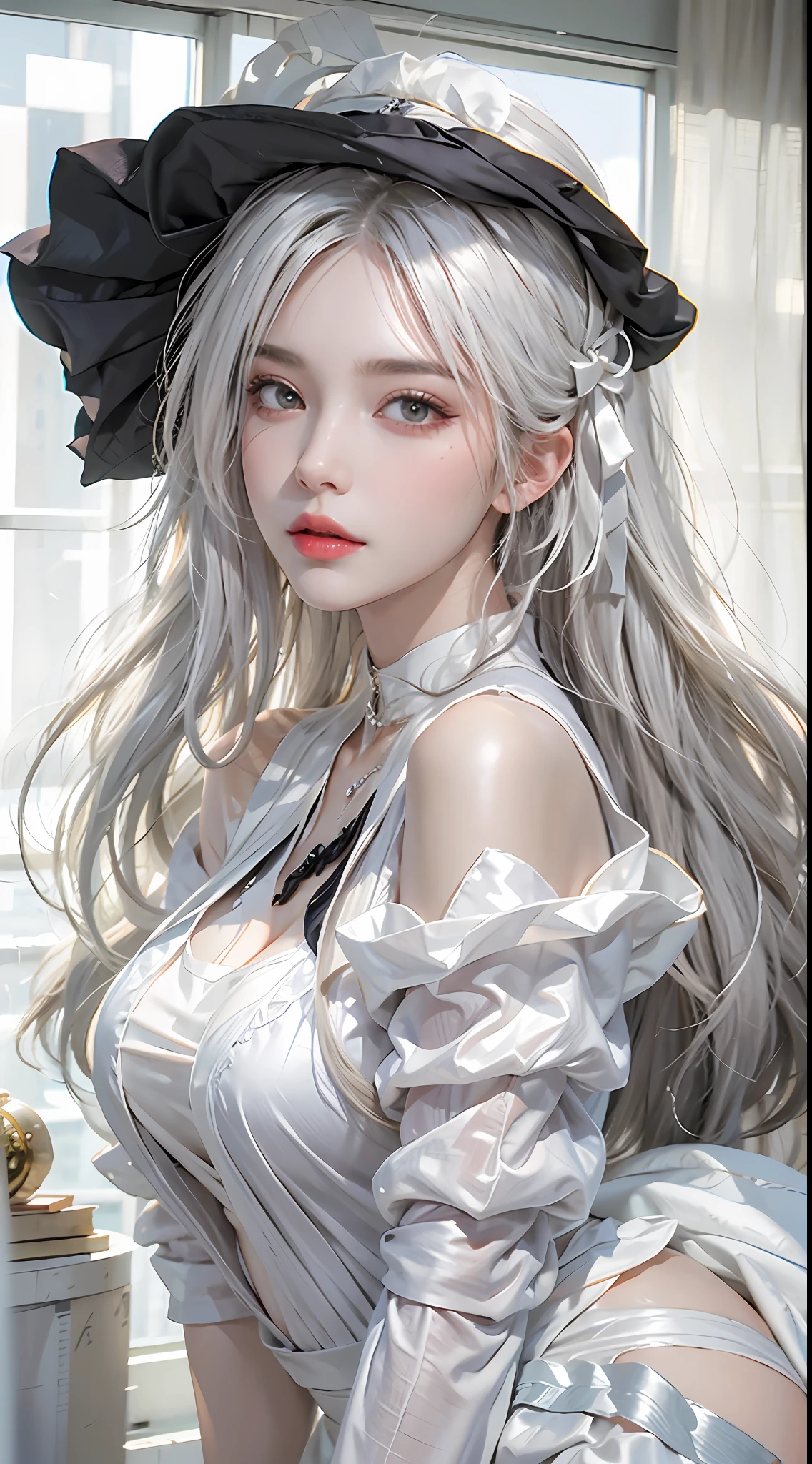 Photorealistic, high resolution, 1womanl, Solo, Hips up, view the viewer, (Detailed face), White hair, Long hair, Maid outfit, jewelry