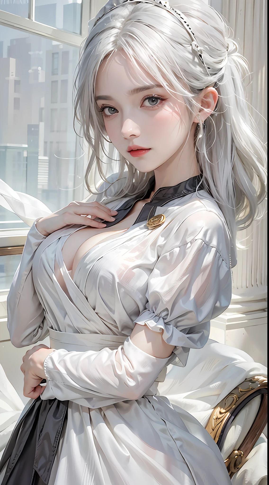 Photorealistic, high resolution, 1womanl, Solo, Hips up, view the viewer, (Detailed face), White hair, Long hair, Maid outfit, jewelry
