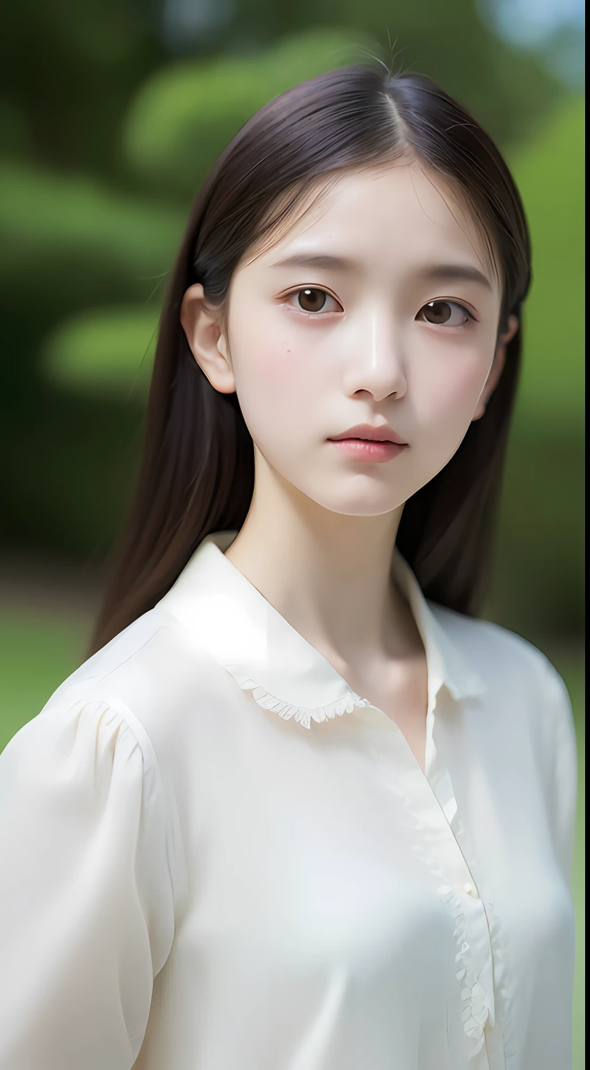 女の子1人, (Full body), Unknown , detailed  clothes, (delicate illustration:1.4),(masutepiece:1.0), (Best Quality:1.4), (超A high resolution:1.2), (Photorealistic:1.4), (8K, Raw photo:1.2), (Soft Focus:1.4), (18year old:1.3), (Sharp Focus:1.4), (Renaissance art:1.4), Detailed beautiful face, (Blouse with white collar), sitting on