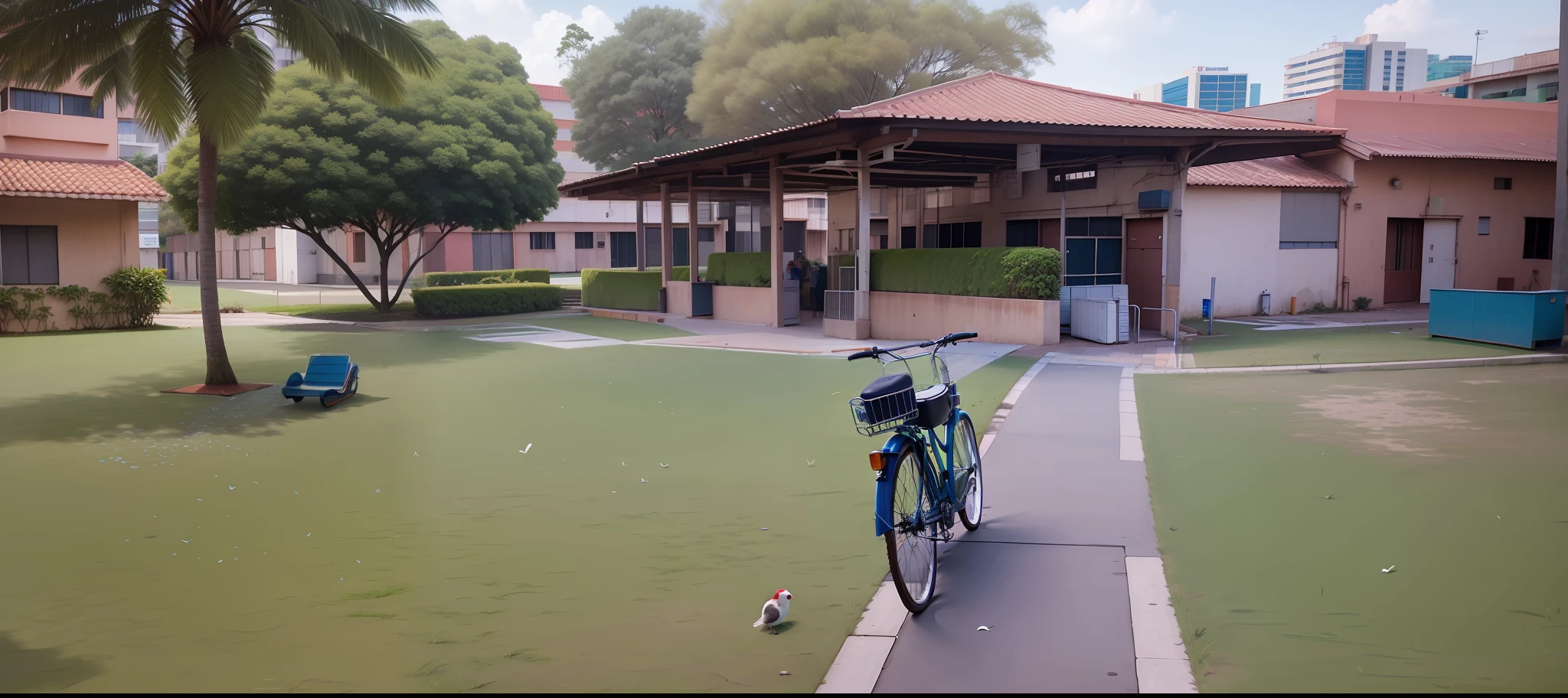 There's a bike parked on the grass where there's some birds chipping near a building, school courtyard, bicicleta no fundo, estudante, Outside, com um parque nos fundos, college, Directed by: David Ruby, com um parque ao fundo, Directed by: CeFerí Olivé, medium shot taken from behind, academia, Directed by: Judith Gutierrez, Hospital em segundo plano, lab in the background