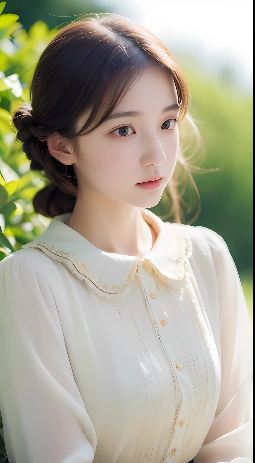 1人, (Full body), Unknown , detailed clothes, (delicate illustration:1.4),(masutepiece:1.0), (Best Quality:1.4), (超A high resolution:1.2), (Photorealistic:1.4), (8K, Raw photo:1.2), (Soft Focus:1.4), (18year old:1.3), (Sharp Focus:1.4), (Renaissance art:1.4), Detailed beautiful face, (Blouse with white collar), sitting on