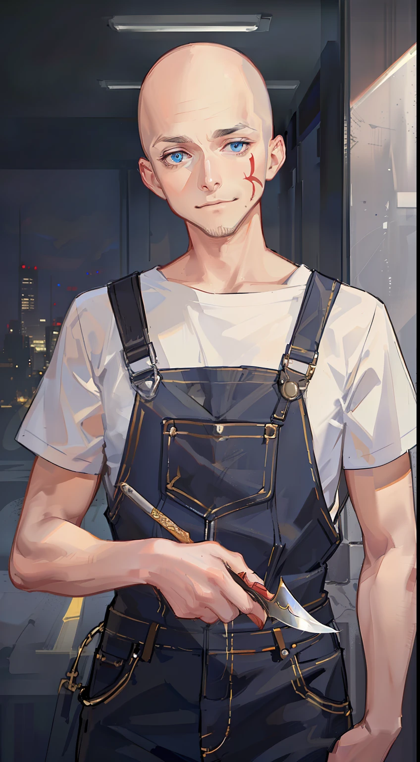 Young guy, bald, The eyes are blue, blue overalls, bloods, knife, smirk, Masterpiece, hiquality