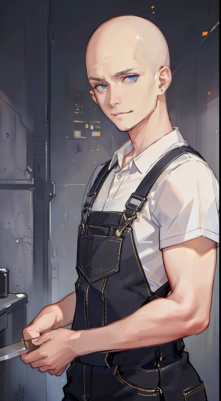 Young guy, bald, The eyes are blue, blue overalls, bloods, knife, smirk, Masterpiece, hiquality
