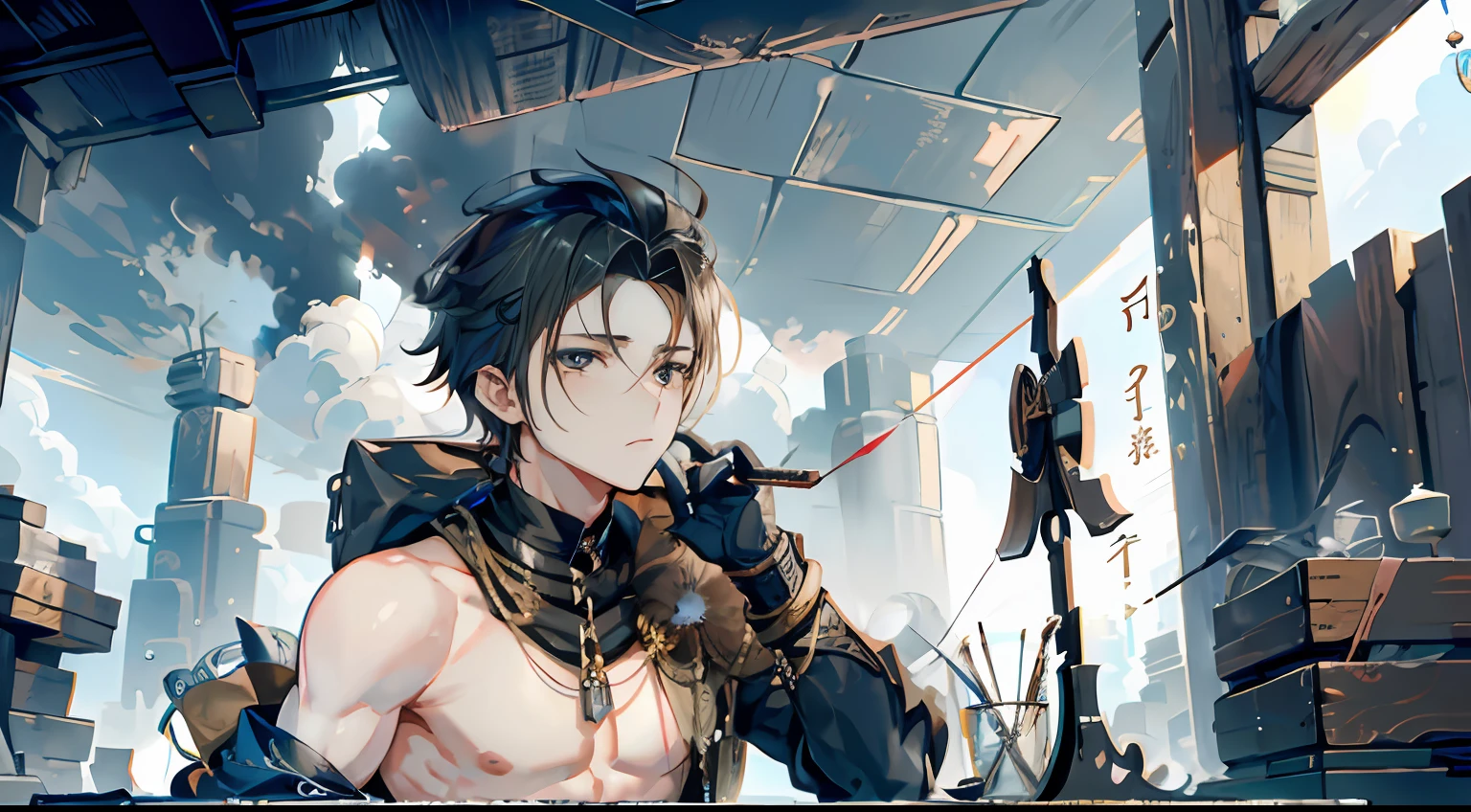 Photo with an arrow coming out of the mouth、up of face、Cool atmosphere、Stylish、Luxurious atmosphere、showy、独奏、male people、Archer、bow and arrow、The word、Muscular Boys、pectoral muscles