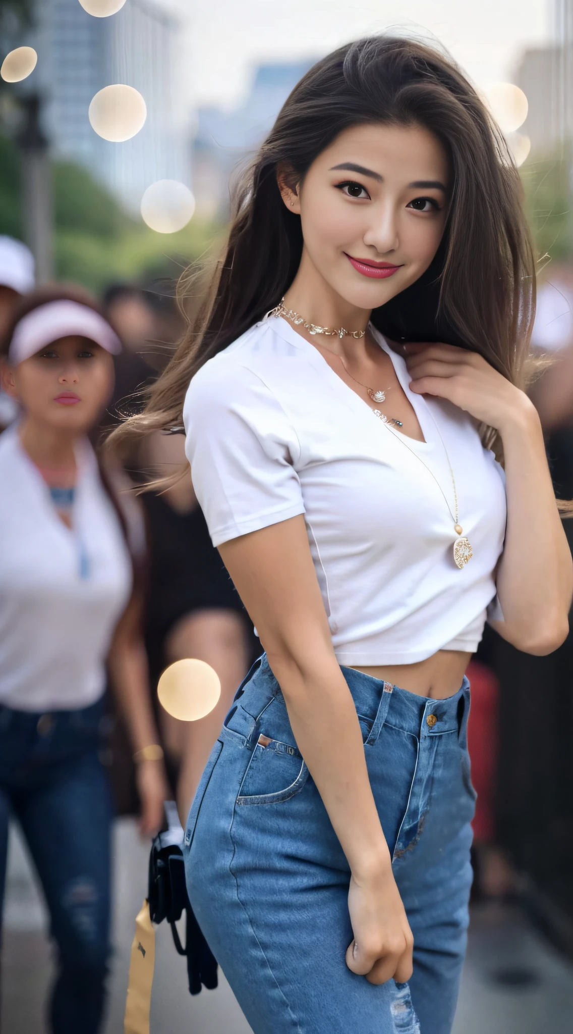 Photo Quality、An ultra-high picture quality、8K、32K、​masterpiece、top-quality、1girl in、younggirl、Brown-eyed、length hair、Face smile、shinny skin、(Nice leg line:1.3)、thin-waist、huge-breasted、tshirts、Ripped_skinny_jeans、Black_lowfers、Structured_Handbag、Layered_Necklaces、
Around the crowd:1.1,depth of fields,Look at viewers,Looking from the side,full body Esbian、long legged、Beautiful legs、Correct leg