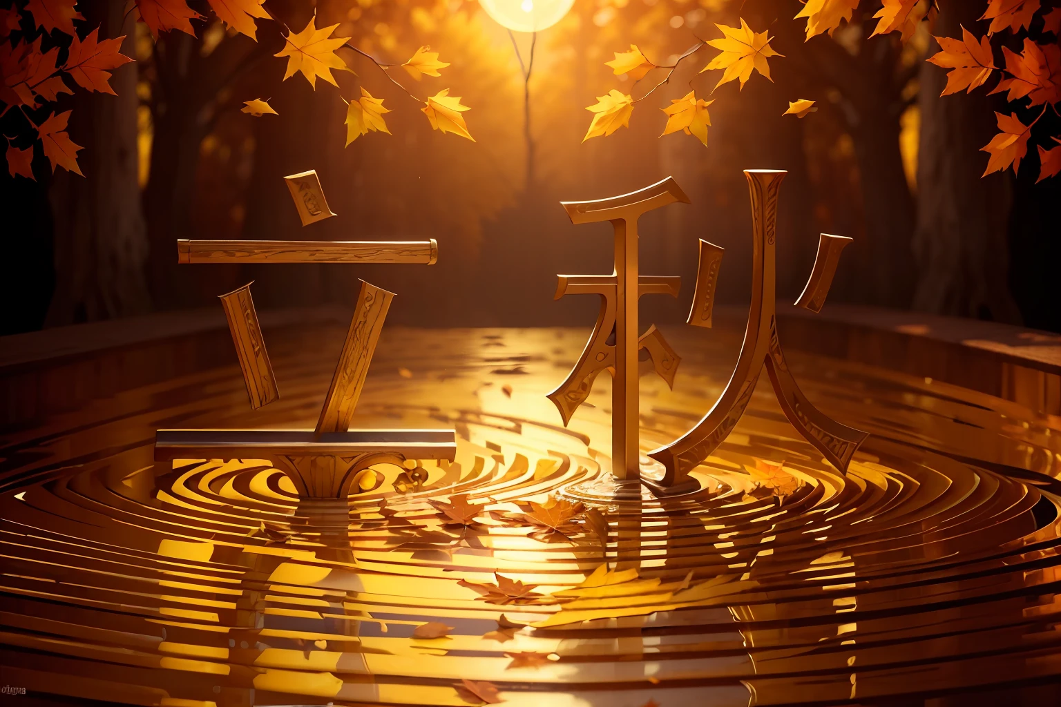 HighestQuali，Master masterpieces，extremely graphic，Type art,(The font consists of leaves），The background is autumn，Dusk sunset，depth of fields,(banya),frontal vision，Bright picture，3D,IvoryGoldAI