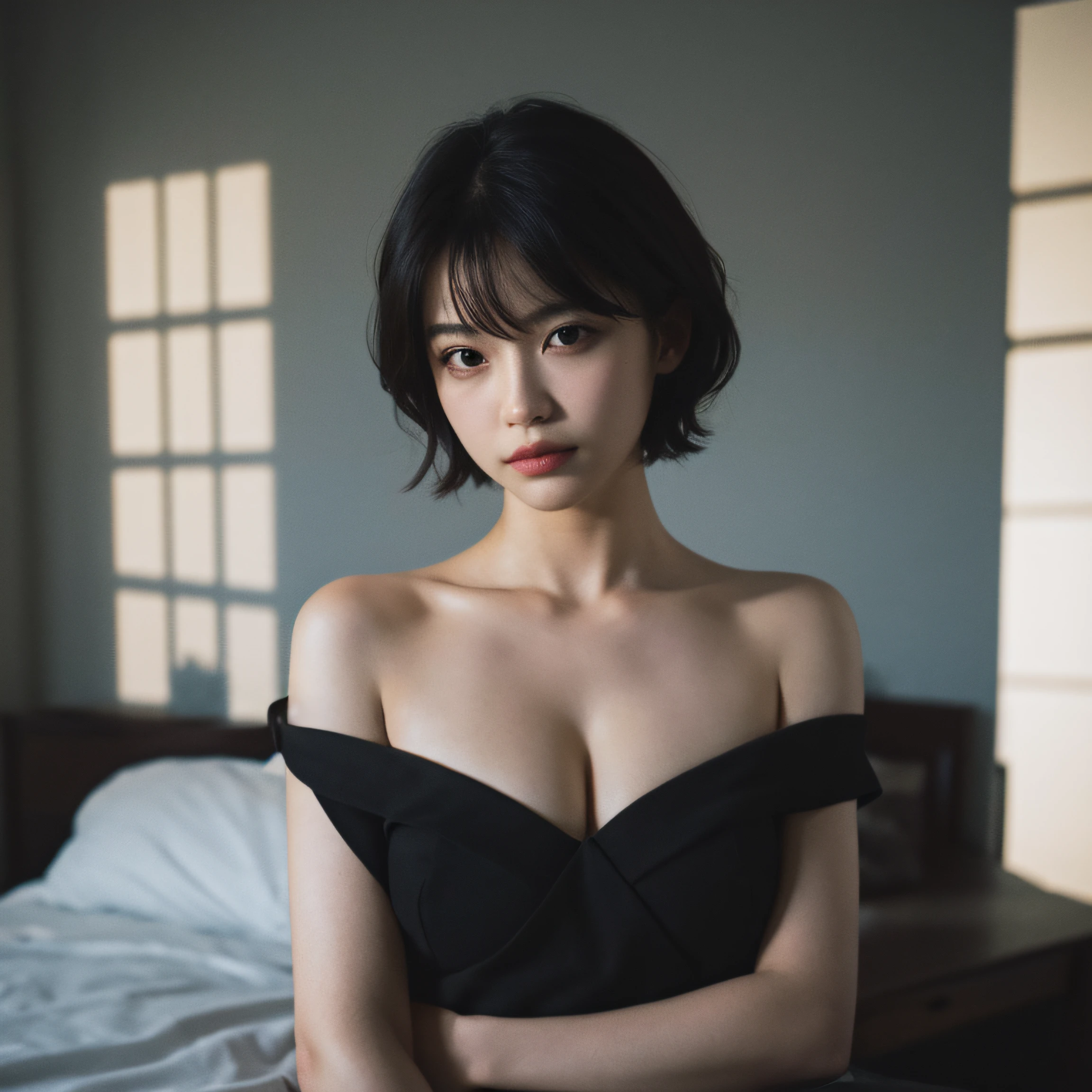 Best quality, masterpiece, ultra high res, (photorealistic:1.5), raw photo, 1girl, offshoulder, in the dark, deep shadow, low key, cold light, sexy look, short hair