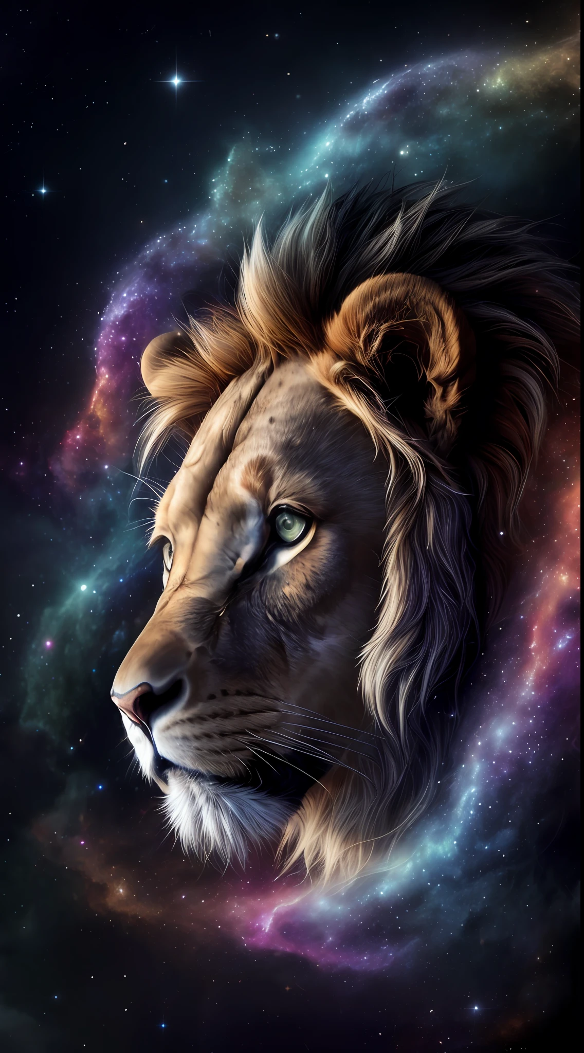 Galaxies, spirals, space, nebulae, stars, smoke, iridescent, intricate detail, in the shape of a lion, octane render, 8k