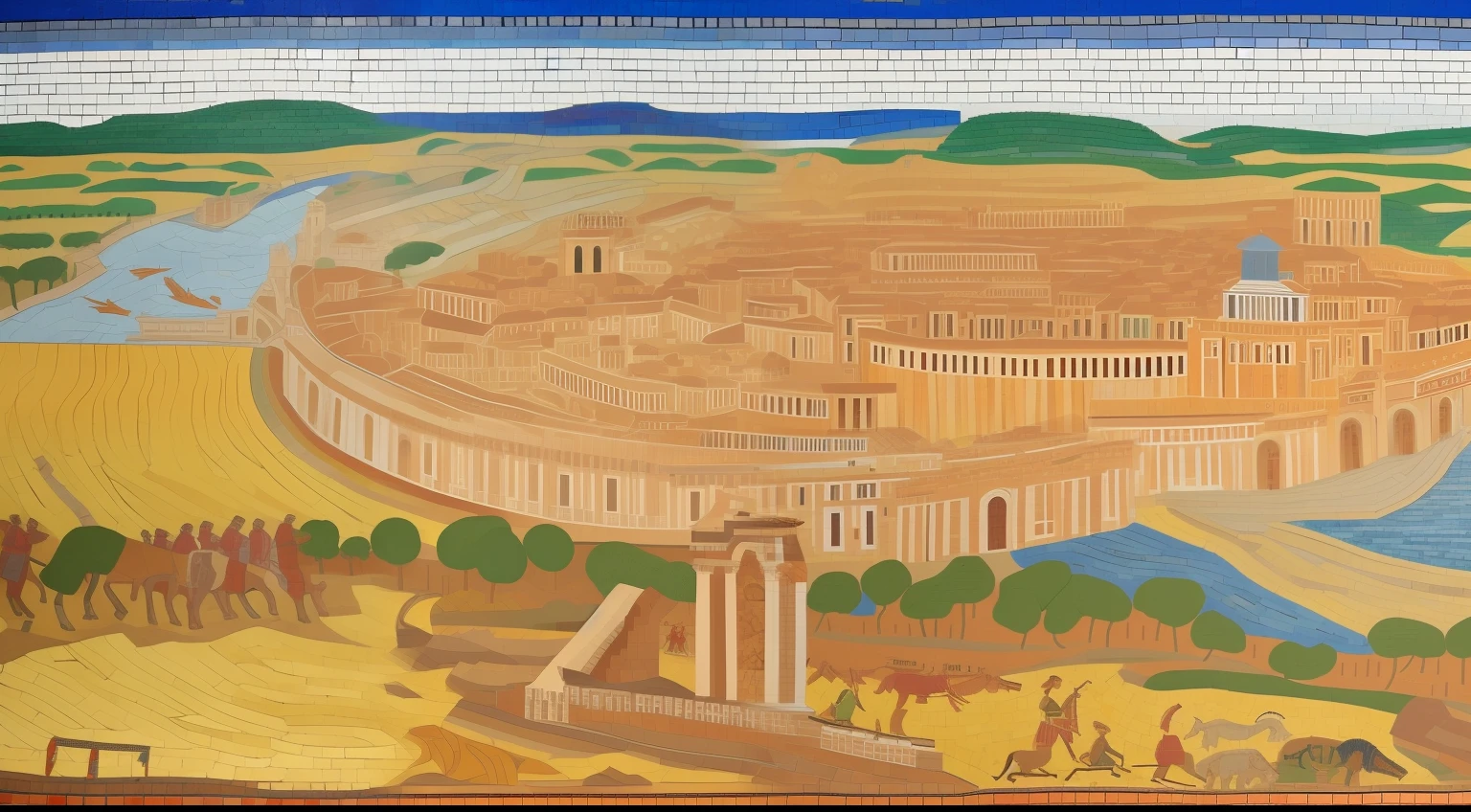 Illustrate a vibrant mosaic showcasing Trajan's military conquests across Europe, Africa, and Asia, capturing the essence of Rome's expansive empire during his reign.