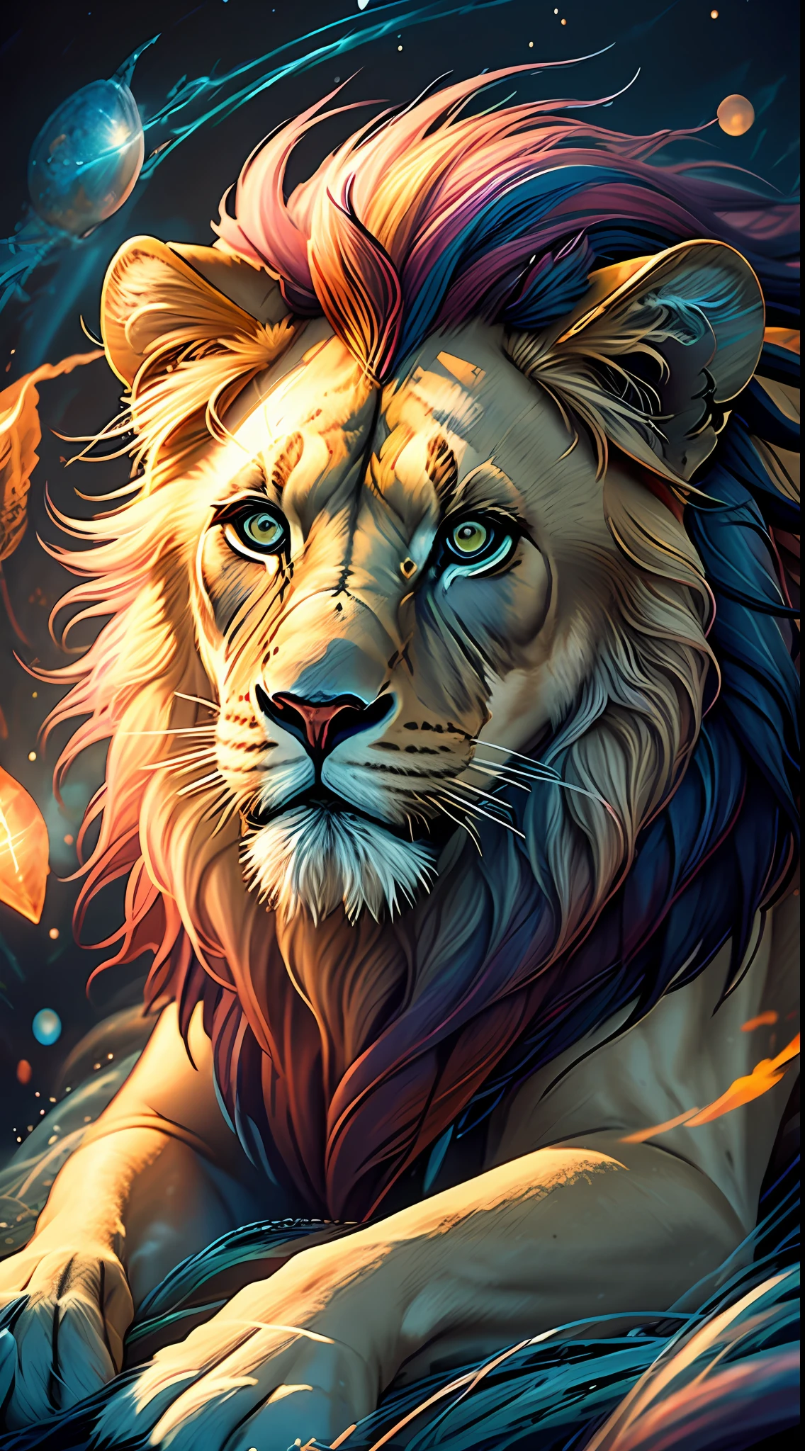 Painting depicting a colored lion on a black background, breathtaking rendering, within a radiant connection, inspired by Kinuko Y. craft,, magical elements, wow, is beautiful, casting a multi colorful spell, bright flash, The Flash