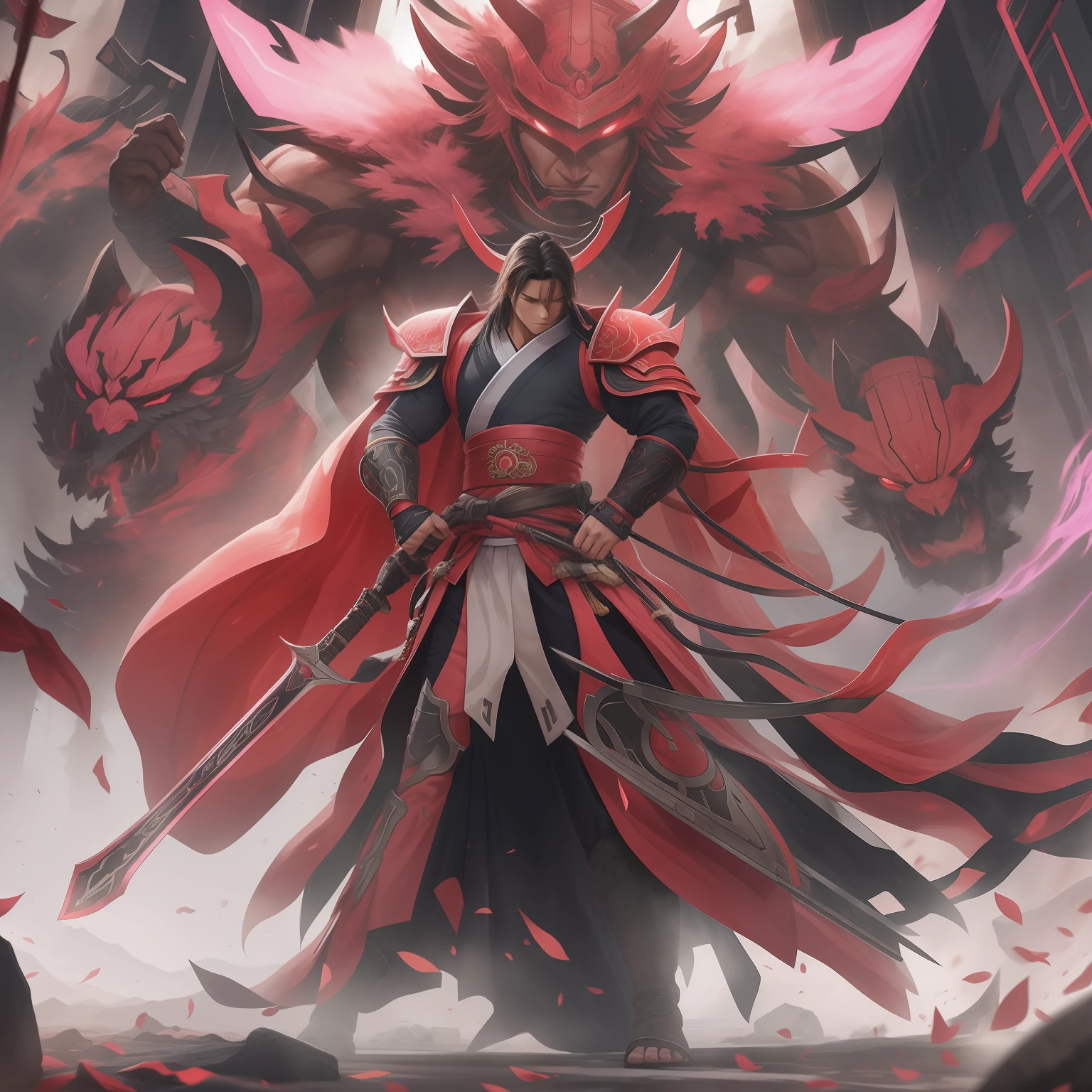 Imagine a scene set on 2500 years of devastated Earth。In the center of the frame is、There is Momotaro, the main character。He is muscular and young.々It has a good appearance。He wears a combat protective suit、The bright red hakama symbolizes his traditional roots。In his hands、I have a futuristic technology energy sword designed to slay demons。On his neck、A peach-shaped pendant hangs as a life-sustaining device。The color palette is mainly pink and red、Reflects the character's name and outfit。The lighting is dramatic and、Long cast shadows、Emphasizes his equipment and the texture of the surrounding environment。The camera used is a high-end DSLR、You should use a wide-angle lens to capture the entire scene。The images are ultra-realistic、Very detailed and、High resolution should be 16k。--ar 16:9 --v 5.1 --style raw --q 2 --s 750