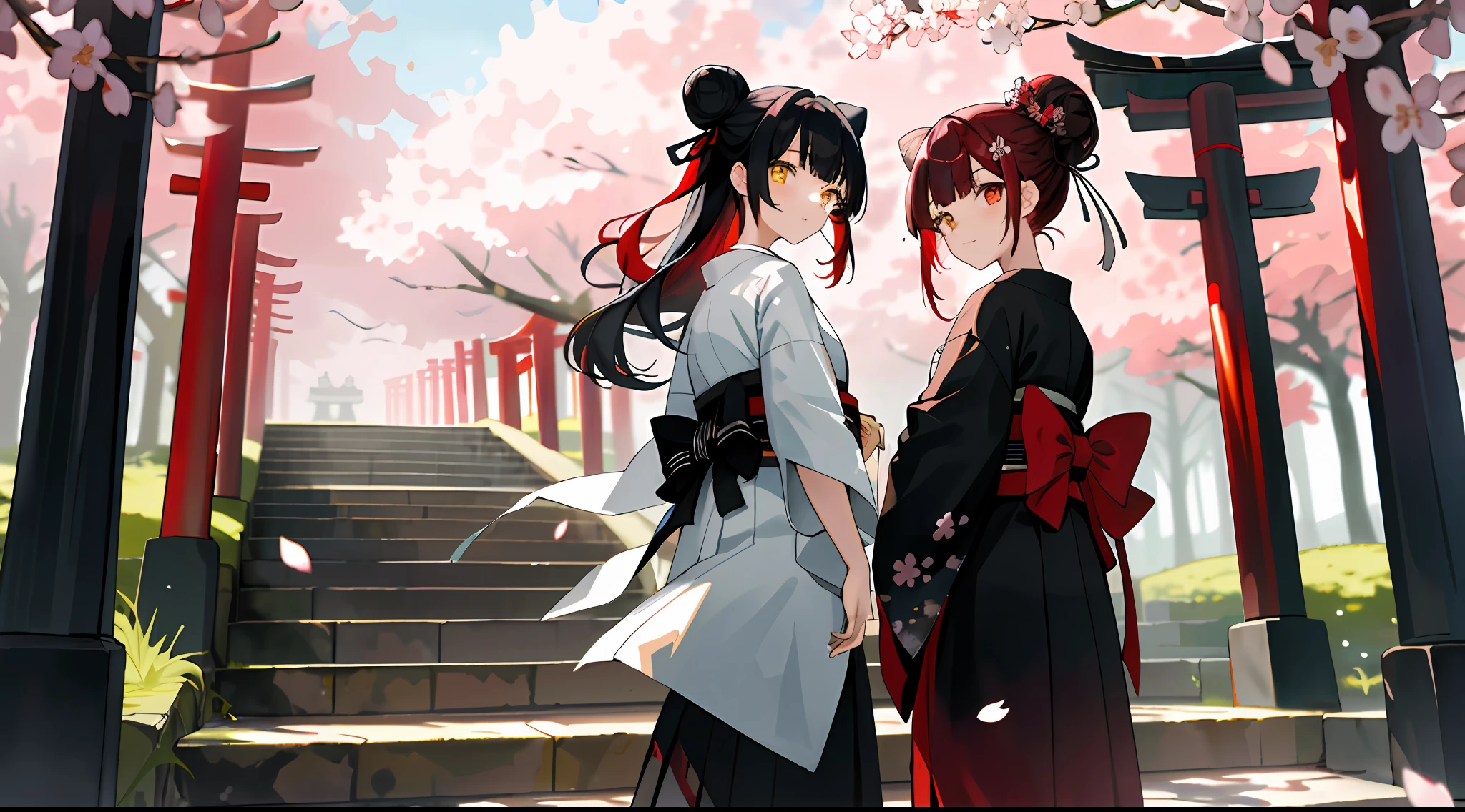 ((masterpiece,best quality)),2girls, black kimono, black legwear, black ribbon, black hair, cherry blossoms, day, flower, hair bun, hair ribbon, japanese clothes, kimono, long hair, looking at viewer, looking back , multiple girls, belts, outdoors, red eyes, red hair, ribbon, sandals, single bun, stairs, standing, statue, torii, tree, white kimono, yellow eyes