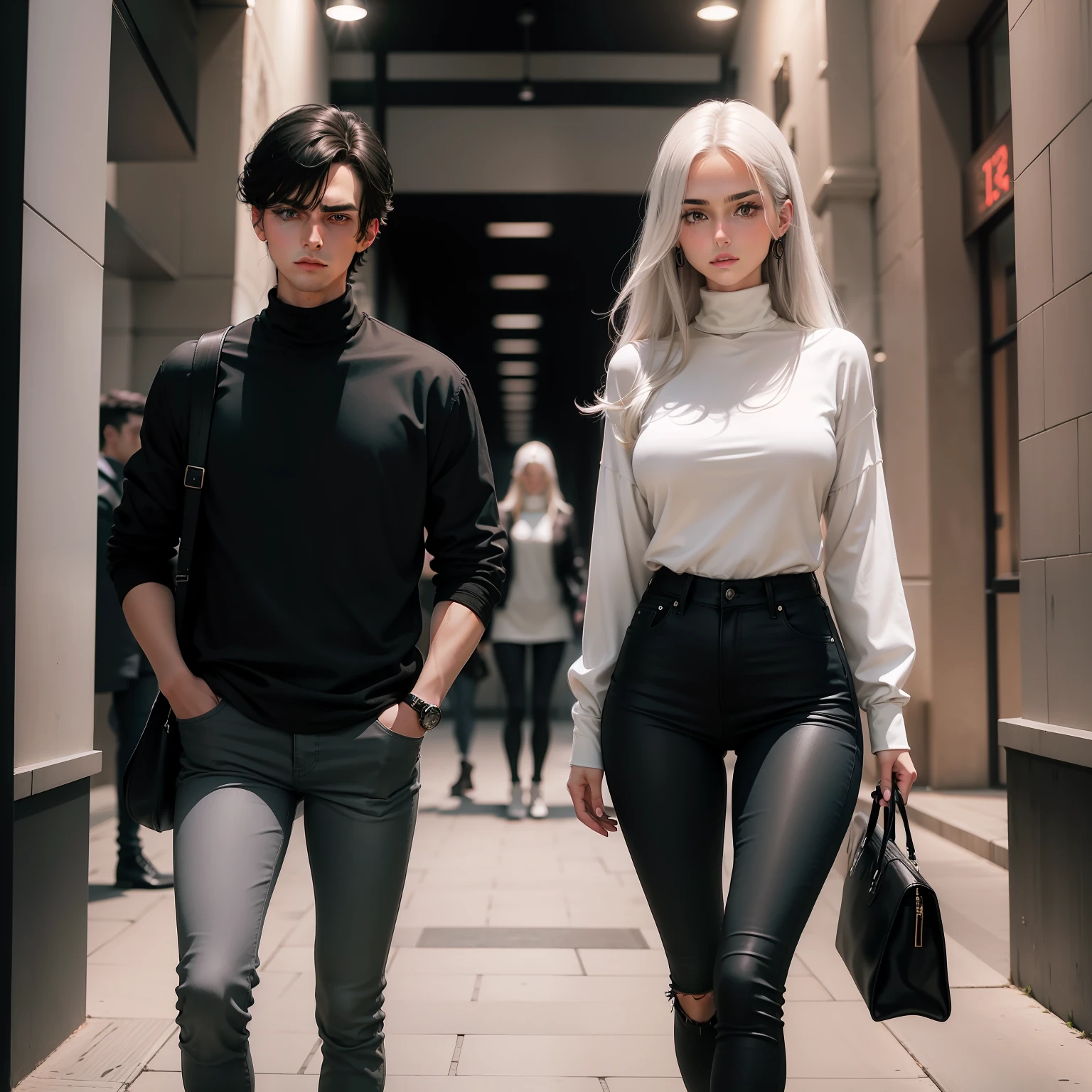 tall Dark-haired guy, She is wearing a black turtleneck and light-colored jeans, stands next to the high, Serious, white-haired girl, Dressed in a black top, dark gray jeans and black high boots