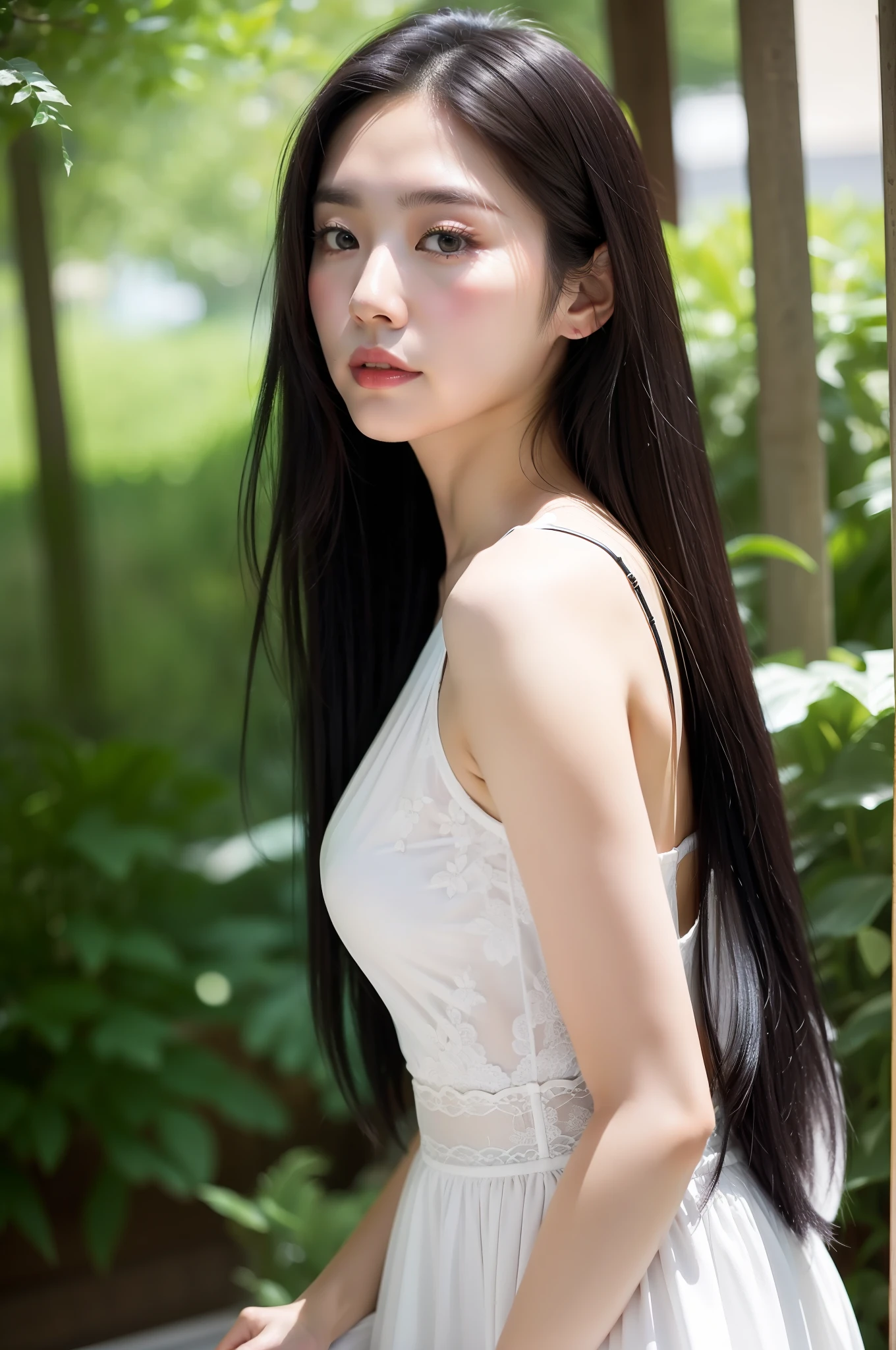asian human、Beautie、Unclear、Long Black Hair、chee、The whole body is shown、late 20s age、夏天、during daytime、Korean Fashion、
