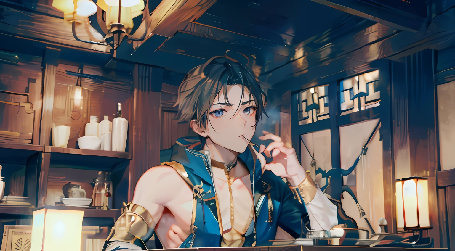 Boy adding an arrow to his mouth、up of face、Cool atmosphere、Stylish、Luxurious atmosphere、showy、独奏、male people、Archer、bow and arrow、The word、Muscular Boys、pectoral muscles