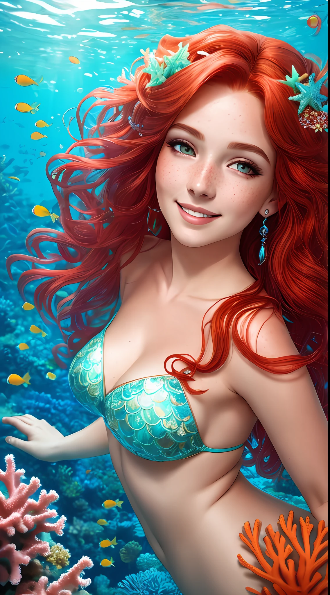 Underwater portrait, coral reef style Mermaid, flowing red hair, dreamlike,freckles, UHD, garden goddess, magical, smiling, highly detailed eyes, winking, head tilt, chromatic aberration