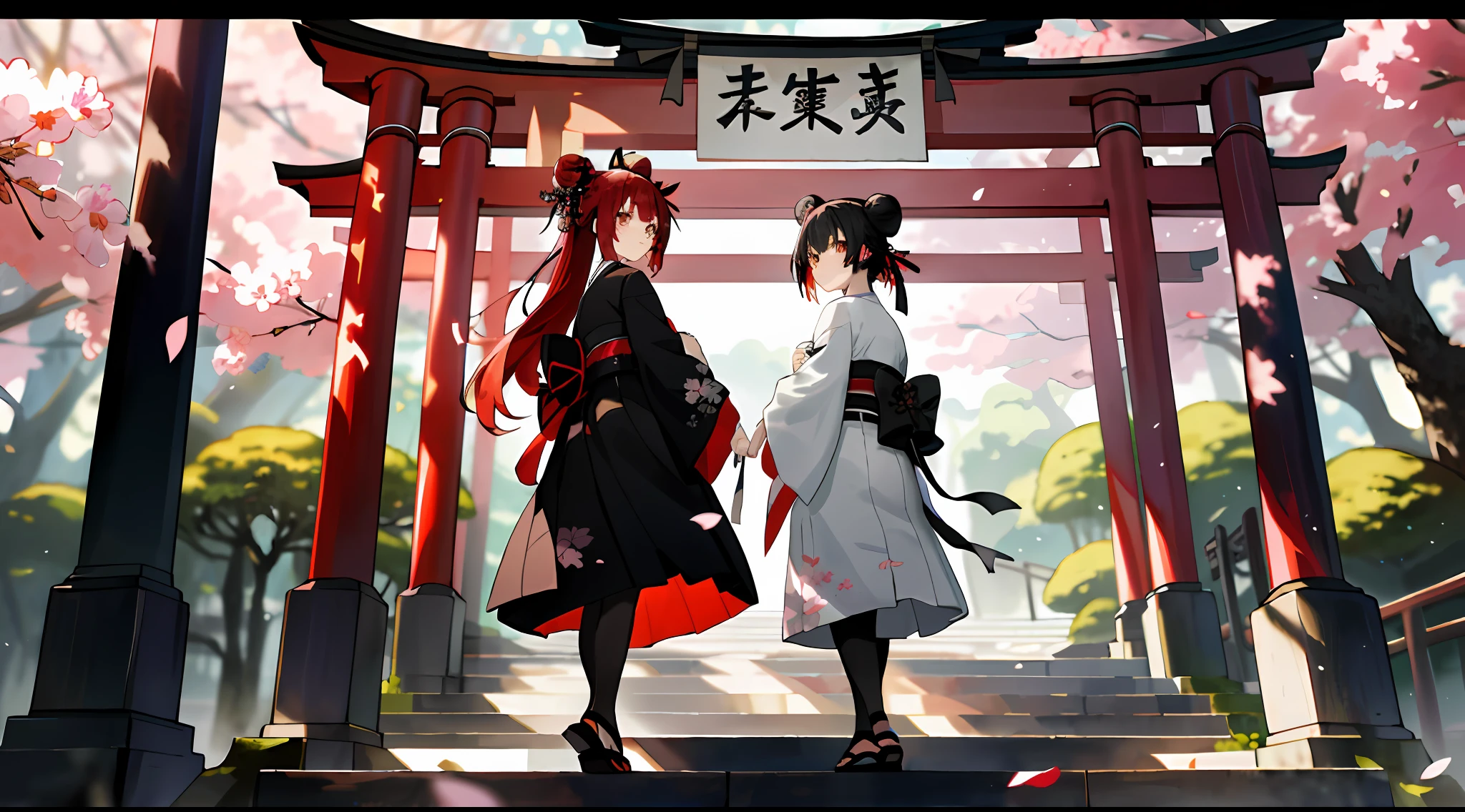 ((masterpiece,best quality)),2girls, black kimono, black legwear, black ribbon, black hair, cherry blossoms, day, flower, hair bun, hair ribbon, japanese clothes, kimono, long hair, looking at viewer, looking back , multiple girls, belts, outdoors, red eyes, red hair, ribbon, sandals, single bun, stairs, standing, statue, torii, tree, white kimono, yellow eyes