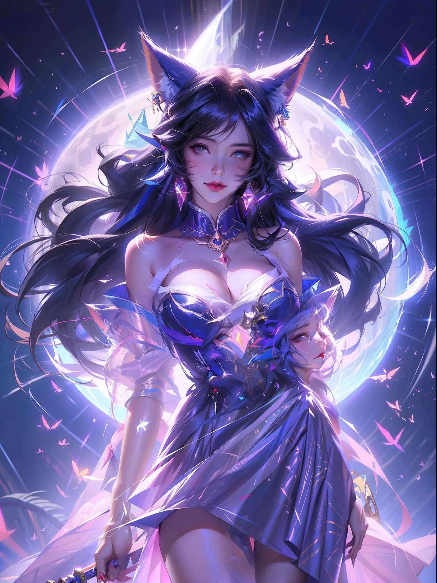 Anime girl standing in front of the full moon,Wearing a pink dress and cat ears, ahri, portrait of ahri, seraphine ahri kda, Extremely detailed Artgerm, ahri from league of legend, IG model | Art germ, ! Dream art germ, Ross Tran 8 K, Art germ on ArtStation Pixiv