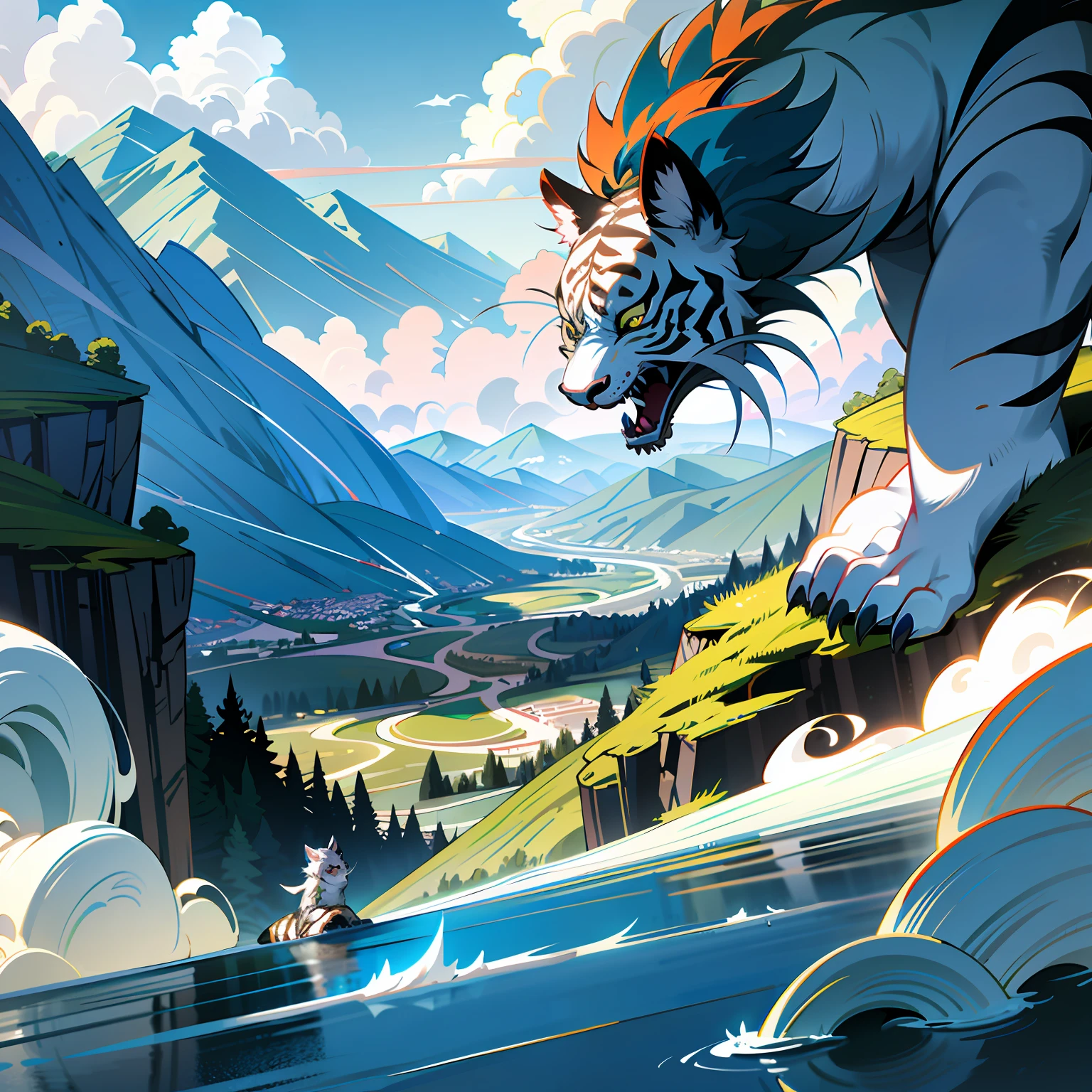 (tmasterpiece,top Quority,best qualtiy),Landscape painting style,Blue dragon to the left,White tiger on the right,The green dragon is high,The white tiger is mighty and mighty,The peaks seem to criss-cross,Water collects and surges in the air。