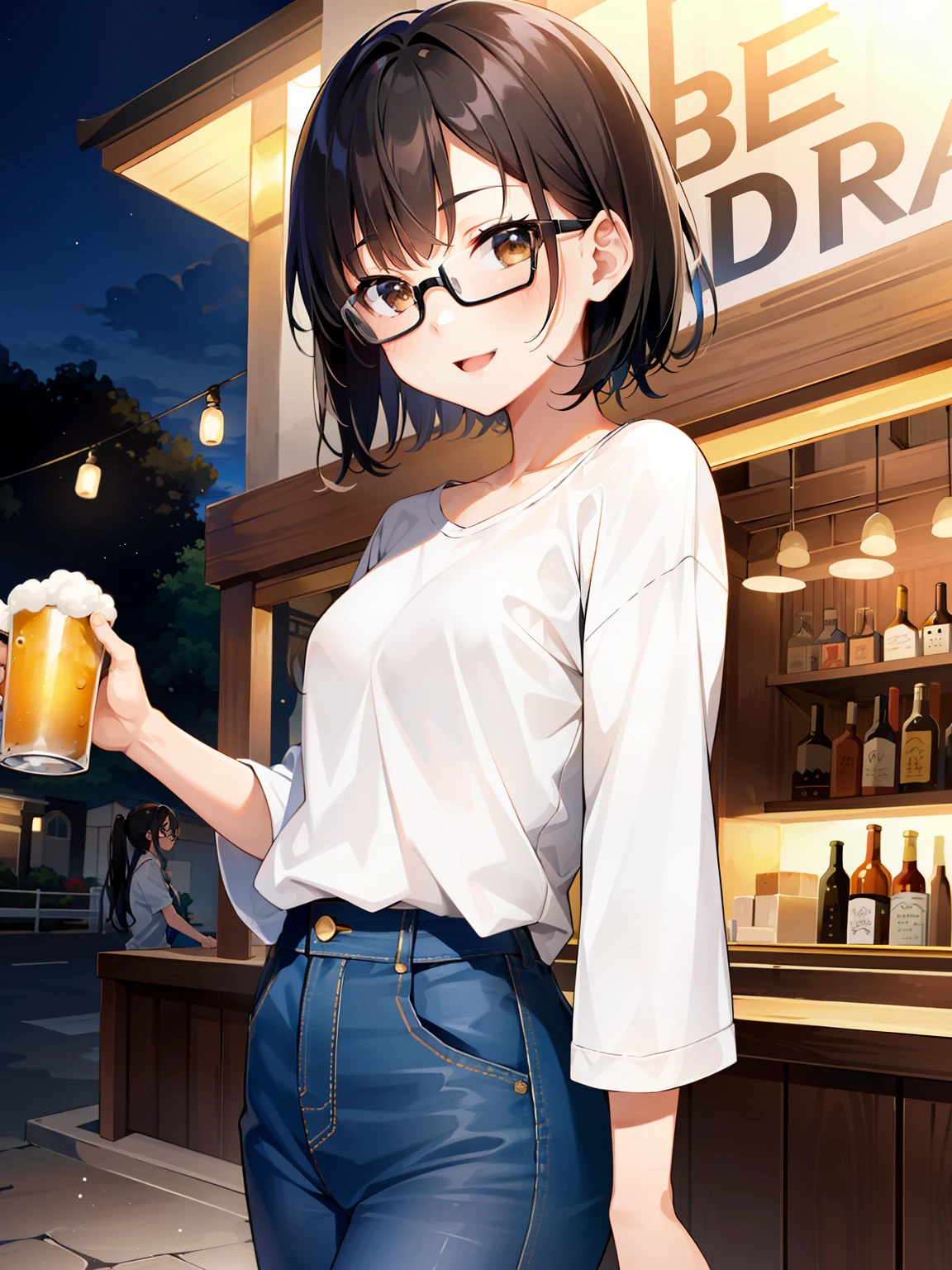 (girl with、独奏、a junior high school student、A dark-haired、short-hair、straight haired、hair adornments、Light brown eyes、A smile、wearing black glasses、small tits、cute  face)、​masterpiece、best qualtiy、ultra-detailliert、illustratio、White lace shirt、jeans、sky at night、beer garden、Beer in hand