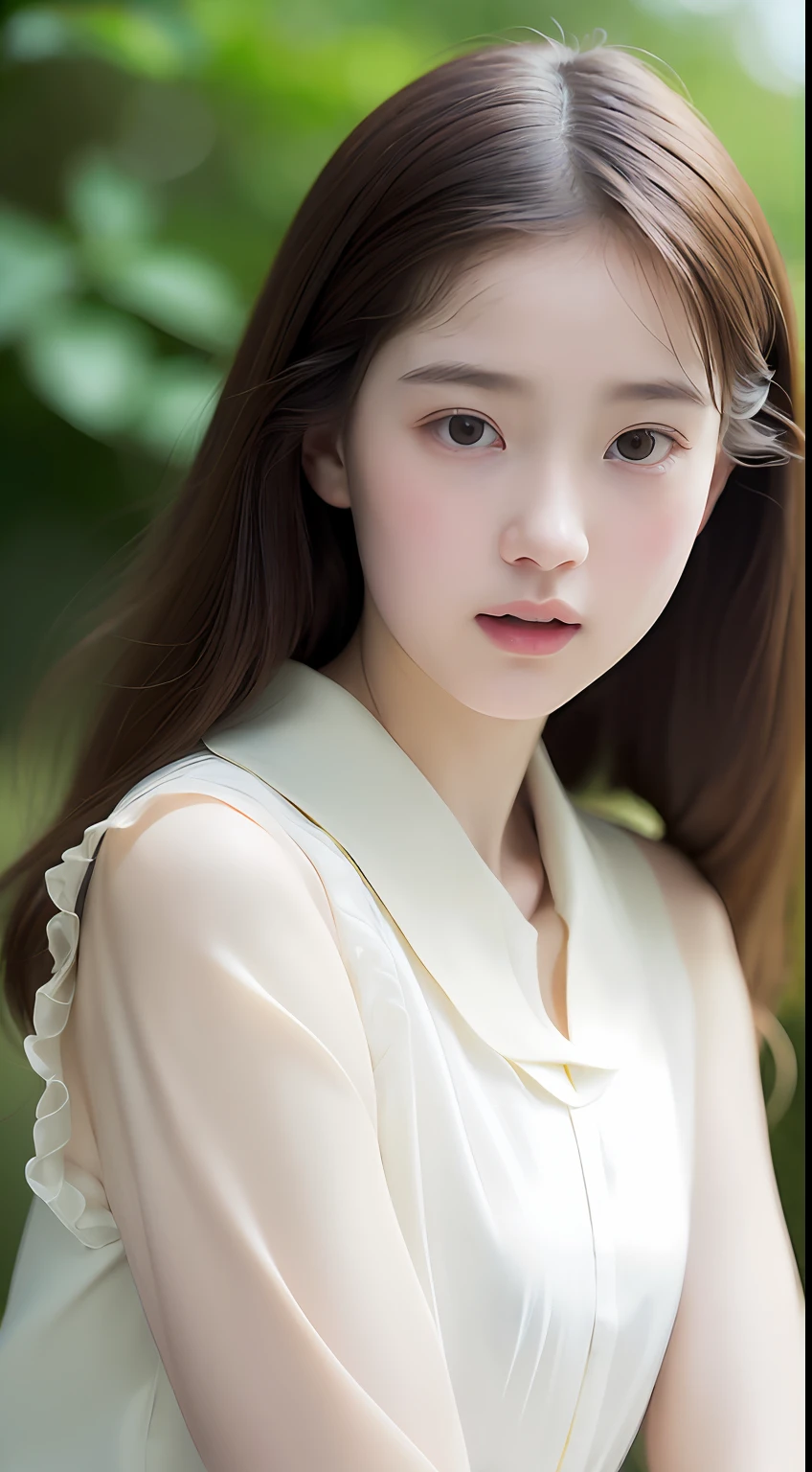 女の子1人, (Full body), (Open mouth and surprised expression), detailed  clothes, (delicate illustration:1.4),(masutepiece:1.0), (Best Quality:1.4), (超A high resolution:1.2), (Photorealistic:1.4), (8K, Raw photo:1.2), (Soft Focus:1.4), (18year old:1.3), (Sharp Focus:1.4), (Renaissance art:1.4), Detailed beautiful face, (Blouse with white collar), sitting on
