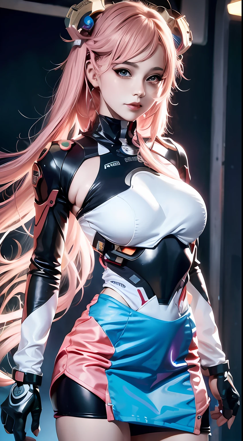Close-up of a woman in a costume with pink hair, gynoid cyborg body, an oppai cyberpunk, perfect anime cyborg woman, perfect android girl, Biomechanical OPPAI, anime figure; Full-body art, female cyberpunk anime girl, Cyborg girl, girl in mecha cyber armor, anime robots, Cute cyborg girl, cyberpunk anime girl