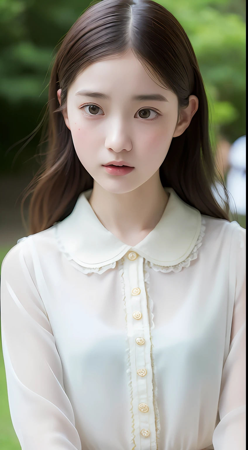 1人, (Full body), (Open mouth and surprised expression), detailed clothes, (delicate illustration:1.4),(masutepiece:1.0), (Best Quality:1.4), (超A high resolution:1.2), (Photorealistic:1.4), (8K, Raw photo:1.2), (Soft Focus:1.4), (18year old:1.3), (Sharp Focus:1.4), (Renaissance art:1.4), Detailed beautiful face, (Blouse with white collar), sitting on