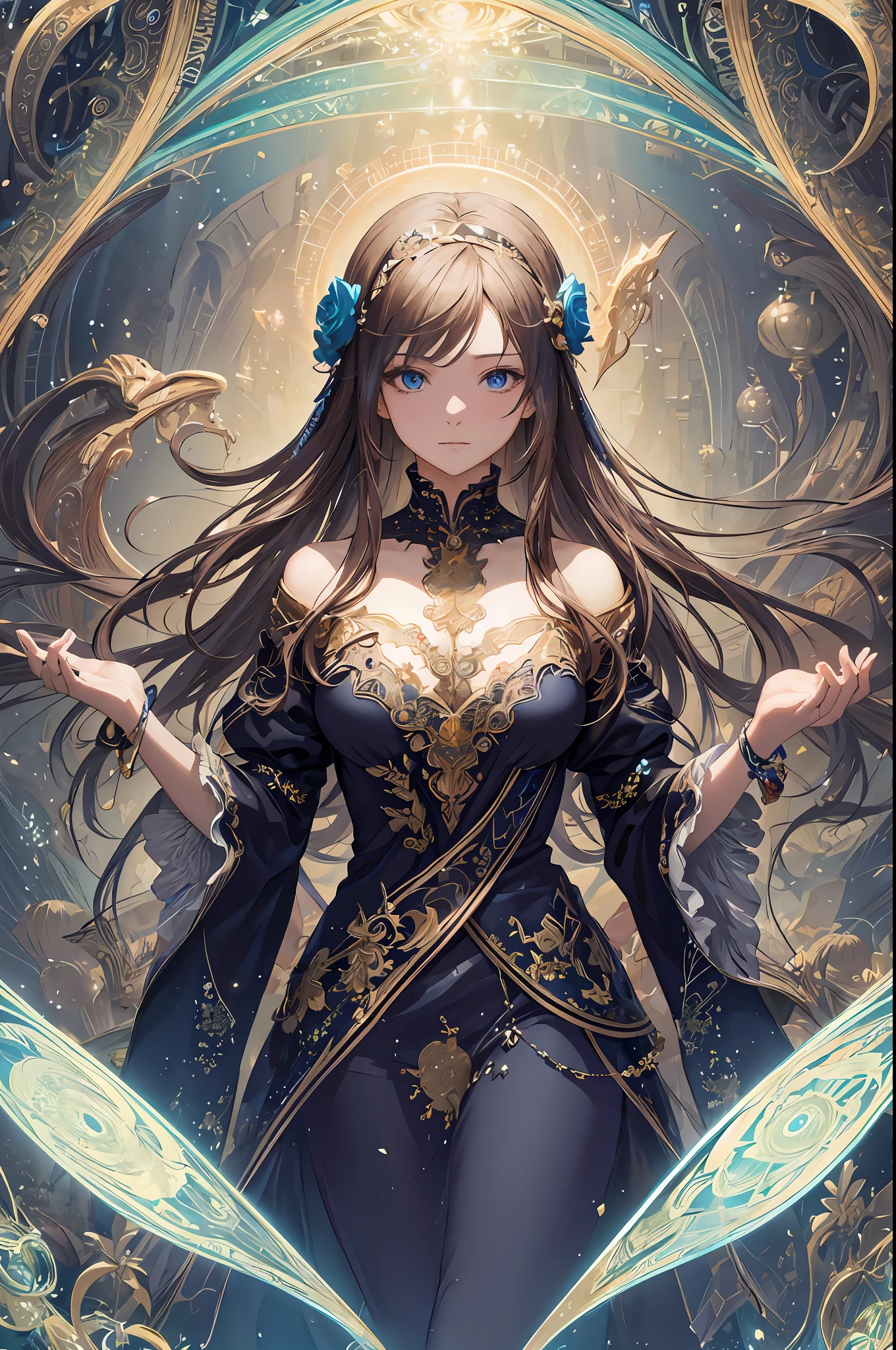 Anime girl with long hair and blue dress standing in front of a circular light, beautiful celestial mage, anime fantasy illustration, anime fantasy artwork, detailed digital anime art, very detailed artgerm, Anime goddess, 2. 5 d cgi anime fantasy artwork, fantasy art style, Beautiful fantasy empress, fanart best artstation, detailed anime art, beautiful fantasy anime