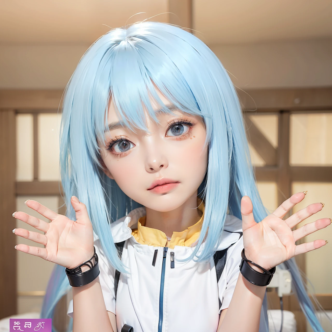 Masterpiece, 1 beautiful girl, detailed eyes, swollen eyes, top quality, super high res, (Reality: 1.4), cinematic lighting, Japanese, Asian beauty, Korean, very beautiful, beautiful skin, slender, body facing forward, (super realistic), (high res), (8K), (very detailed), ( Best Illustration), (beautifully detailed eyes), (super detailed), (wallpaper), detailed face, bright lighting, professional lighting, looking at viewer, facing straight ahead, neat clothes, short hair, blue hair, pureerosfaceace_v1, 46 point slanted bangs, hotel room with morning sun in the background, window The background is a hotel room with the morning sun shining through the window, a clear ocean outside, and an angle from the waist up,