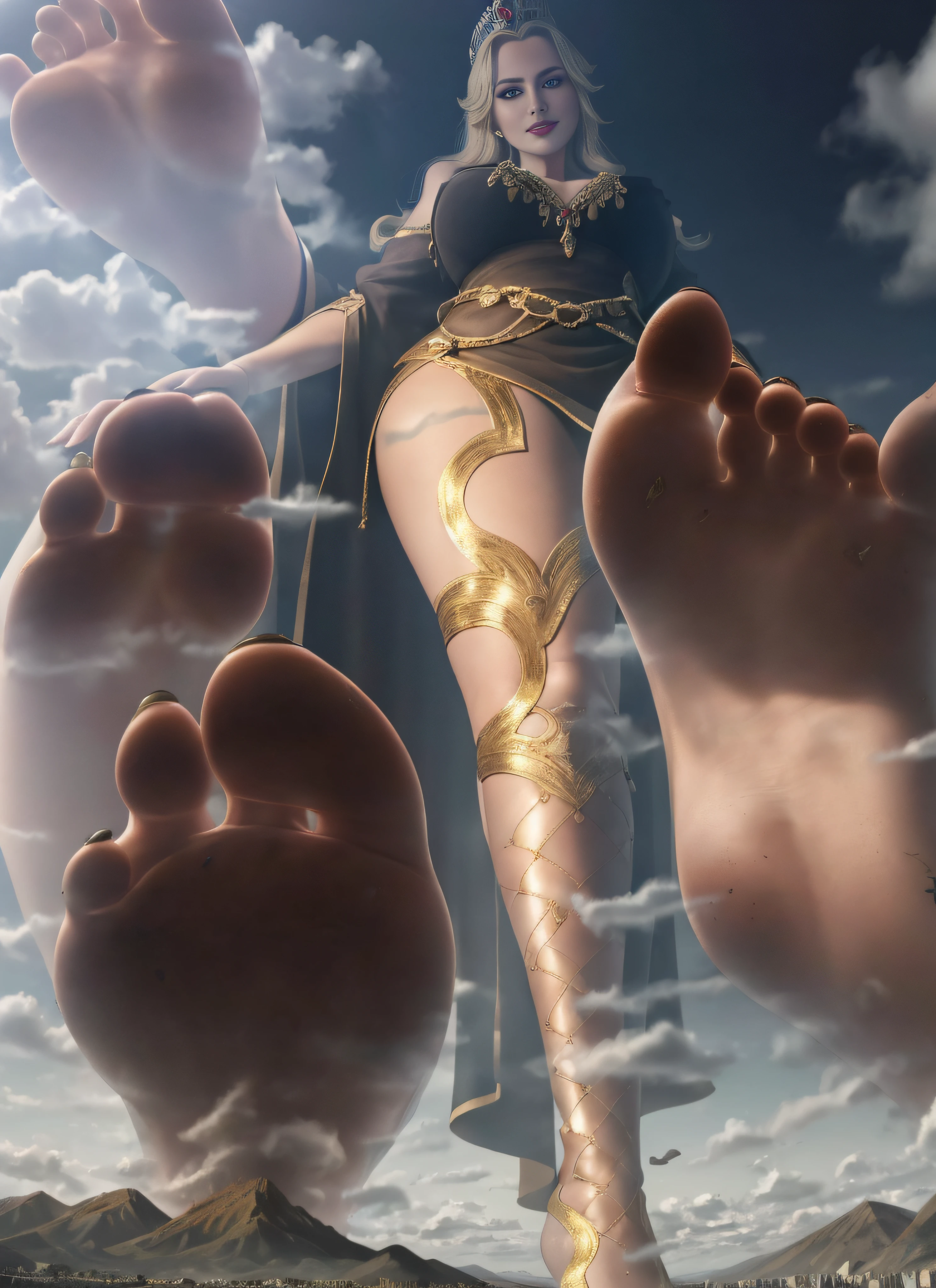 a mature female,Queen temperament,Fine and detailed eyes and detailed face,Detailed plantar description,Exquisite details of the soles of the feet,Perfect feet,Tall and tall,The blonde,queen,She wears a queen's costume,Wear it with black lipstick、Barefoot,(Black stockings wrapped around the hips:1.4), allure:(Tall:1.4),haughty、cruel grin,Mature temperament,Ruby eyes,Apply blood-red lipstick to your lips,Wide buttock(big assa:1.4),(Thick thighs:1.4),Majesty,Clouds,Skysky,are standing,Lift your foot and step on