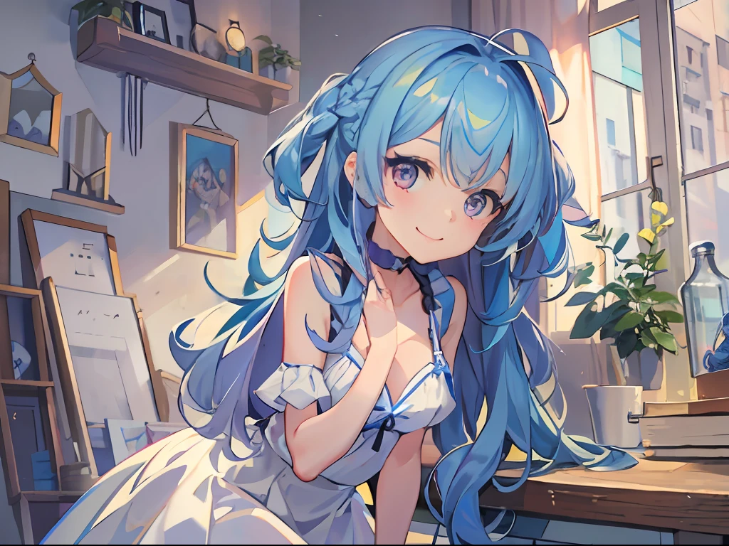 A 5 girl,closeup cleavage,blue hair,long whitr hair,long skirt,purple-eyed,Bad smile
