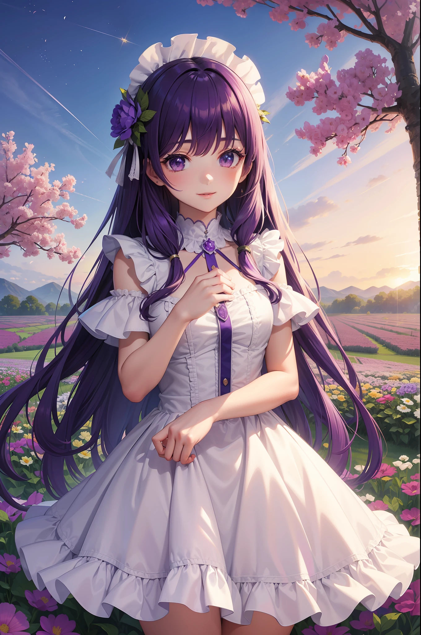 tmasterpiece， A high resolution， Best quality at best， ultra - detailed， perfect litthing， gawrgura， frill dress， ssmile， （（rays of sunshine））， （（flower  field））， detailedbackground，Purple colored hair