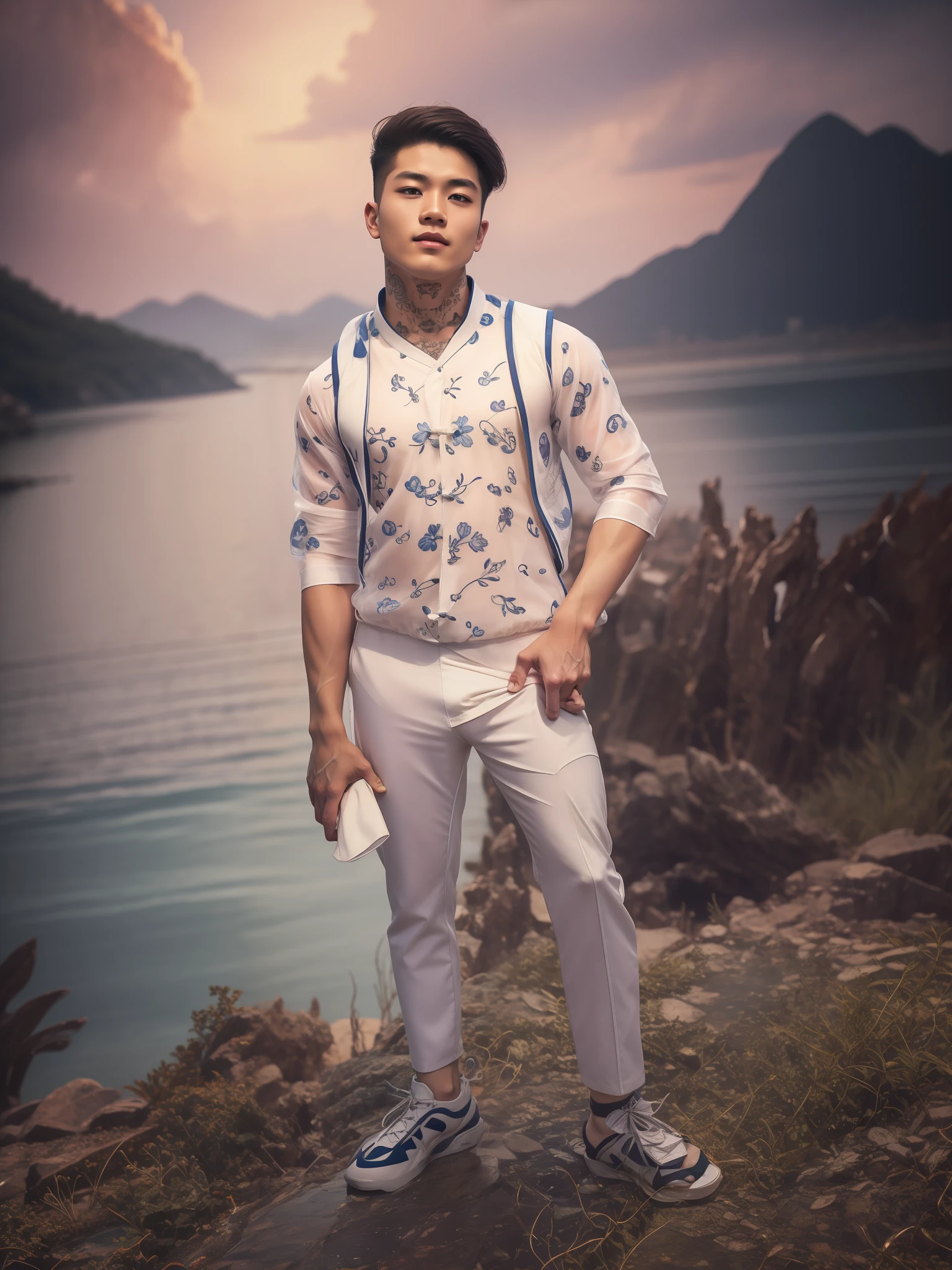 Handsome guy, 18 years old, Asian, master work, best picture quality, higher quality, high detail, super high resolution, 8k resolution, delicate facial features, boy, big muscles, tattoos, glowing eyes, short hair, hair details, [[Look away, look to the side, emphasize homosexuality and pay attention to every detail , open Hanfu transparent tulle jacket, white rubber pants, night, starry sky, flying flowers. Waterfalls, mountains, circling dragons, Chinese courtyard background (((((crotch bulge)))))