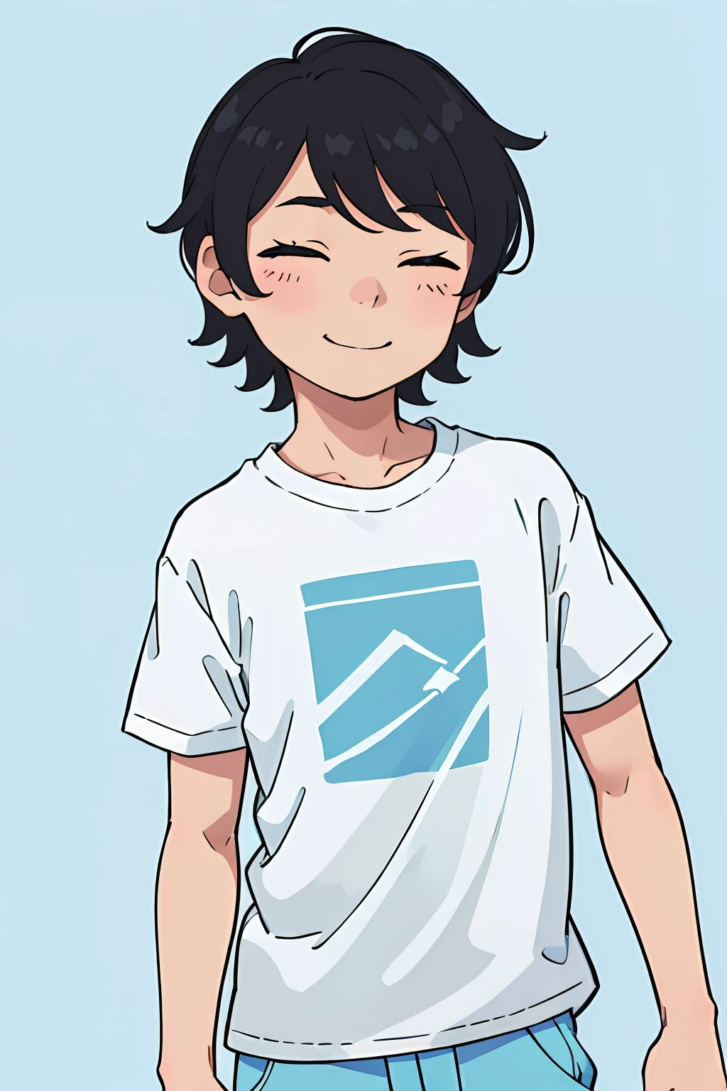pastel color illustration, boy having messy black hair, looking straight in at the camera subtle smiling with eyes closed, looking straight in the camera aesthetic blue background, cute pastel color, view seen from straight angle