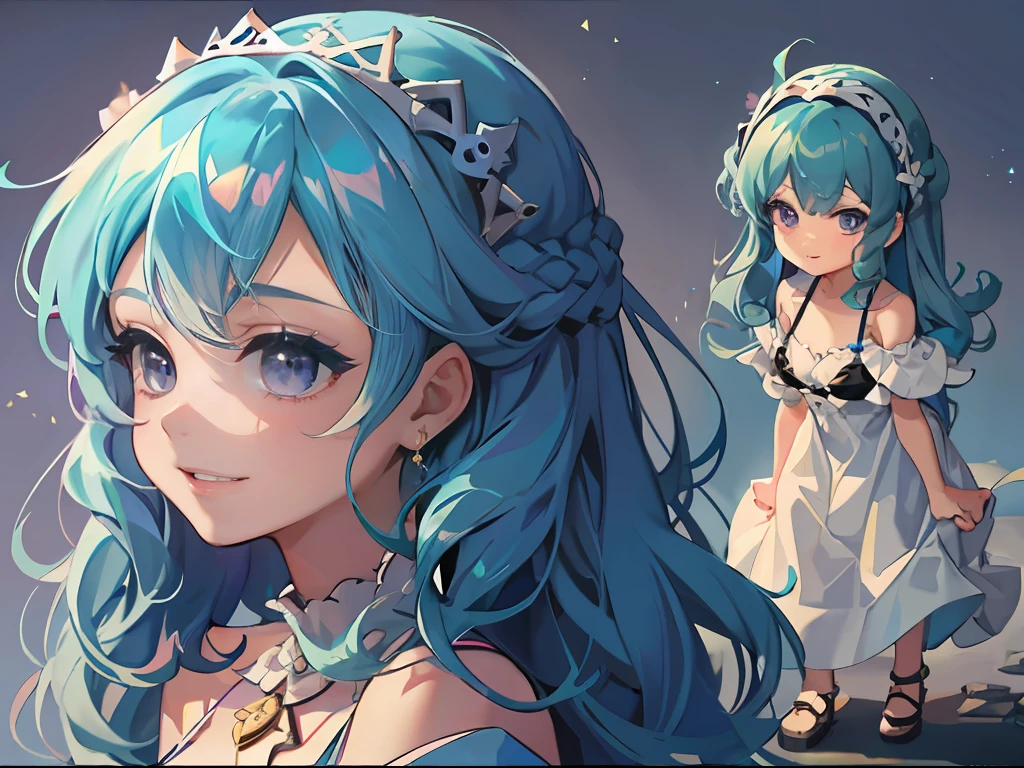 A 5 year old girl,closeup cleavage,blue hair,long whitr hair,long skirt,purple-eyed,Bad smile