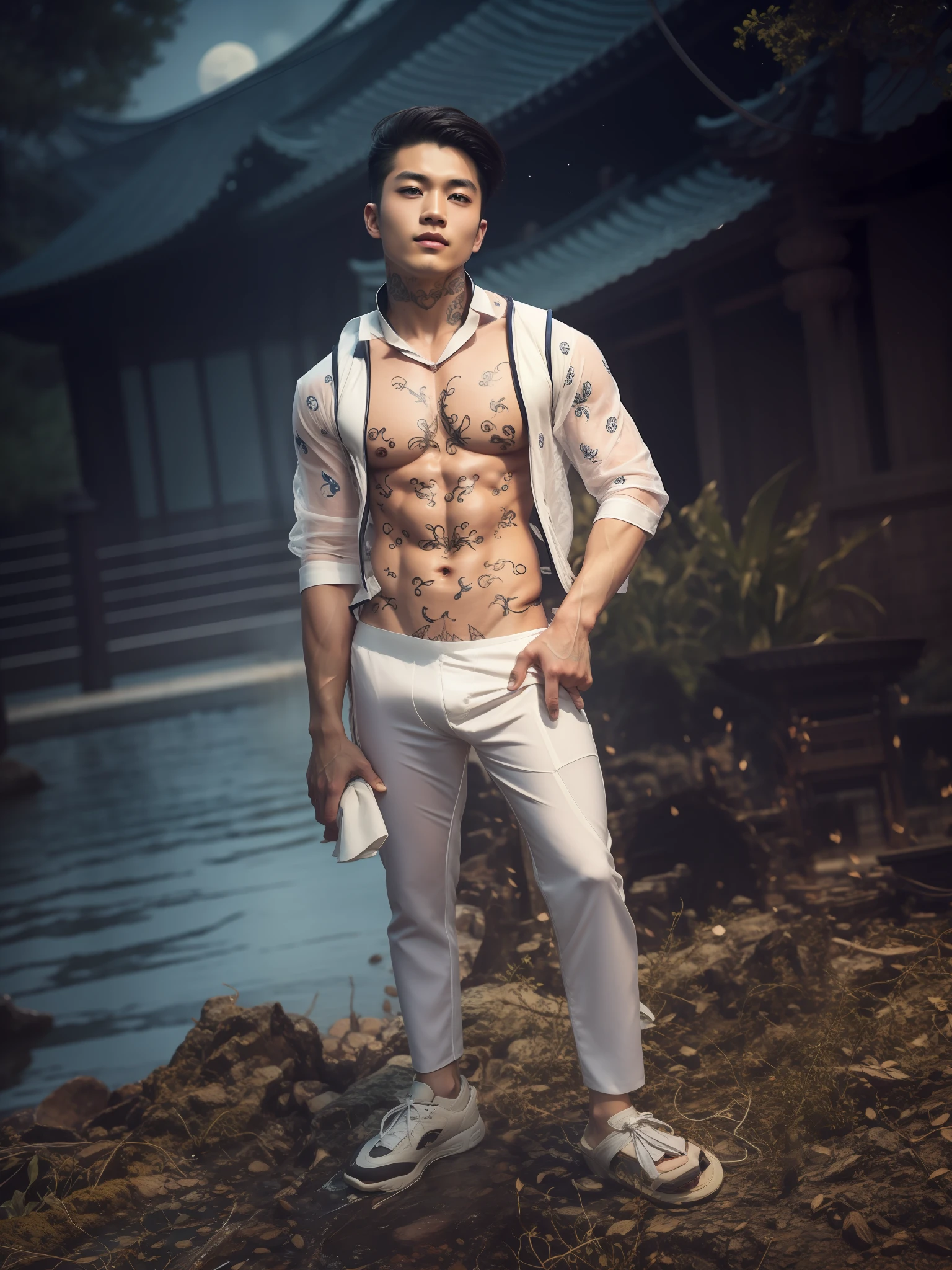 Handsome guy, 18 years old, Asian, master work, best picture quality, higher quality, high detail, super high resolution, 8k resolution, delicate facial features, boy, big muscles, tattoos, glowing eyes, short hair, hair details, [[Look away, look to the side, emphasize homosexuality and pay attention to every detail , open Hanfu transparent tulle jacket, white rubber pants, night, starry sky, flying flowers. Waterfalls, mountains, circling dragons, Chinese courtyard background (((((crotch bulge)))))