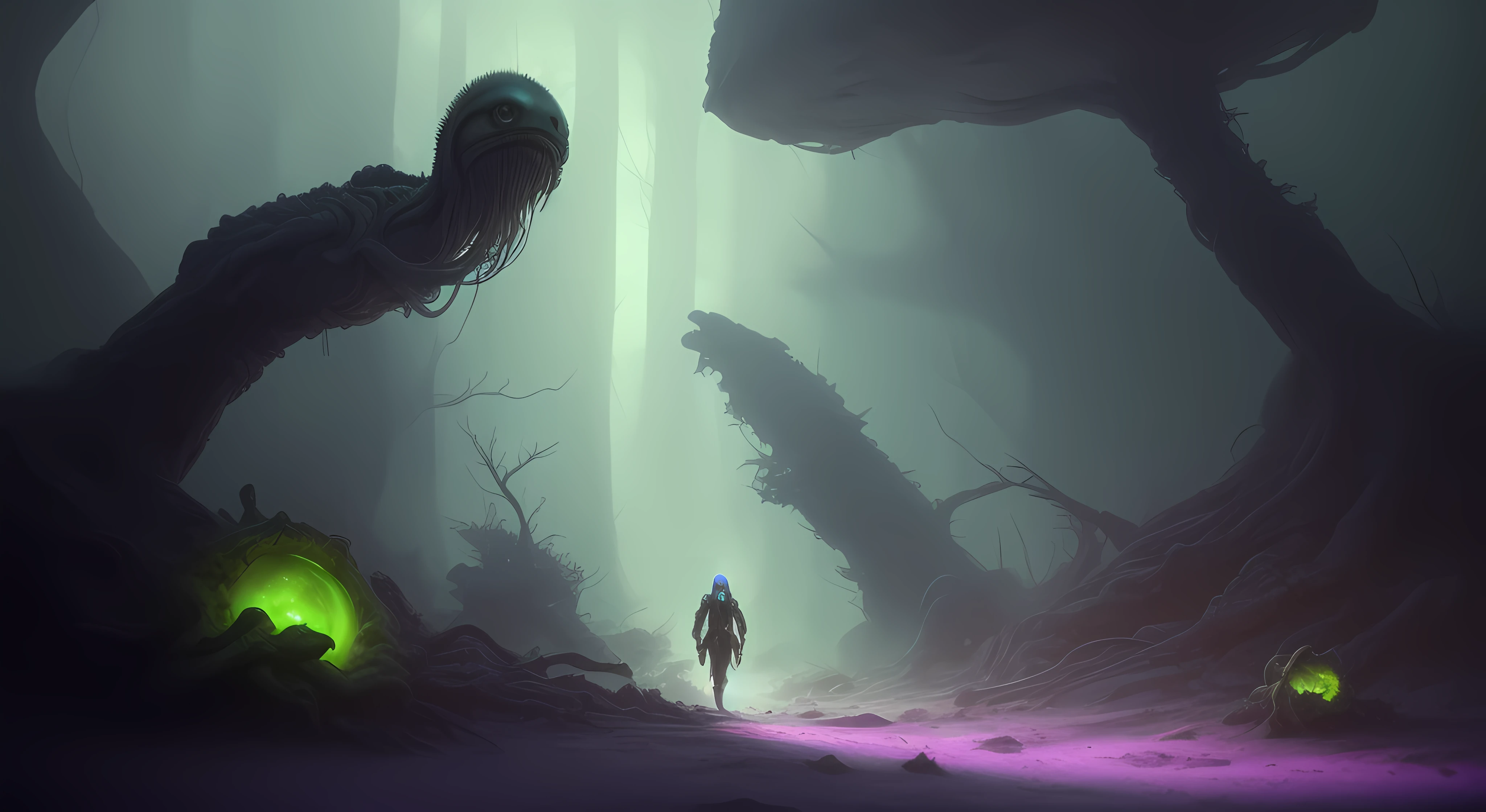Alien abandoned on Exoplanet, couvert de tentacules, racines, Fils, Tubes, debout dans une foret magnifique, Angelique, dreamlike heavy atmosphere,  surreal, beau, Complex and incredibly detailed octane rendering trending on Artstation, photographie artistique 8K, photoreallistic