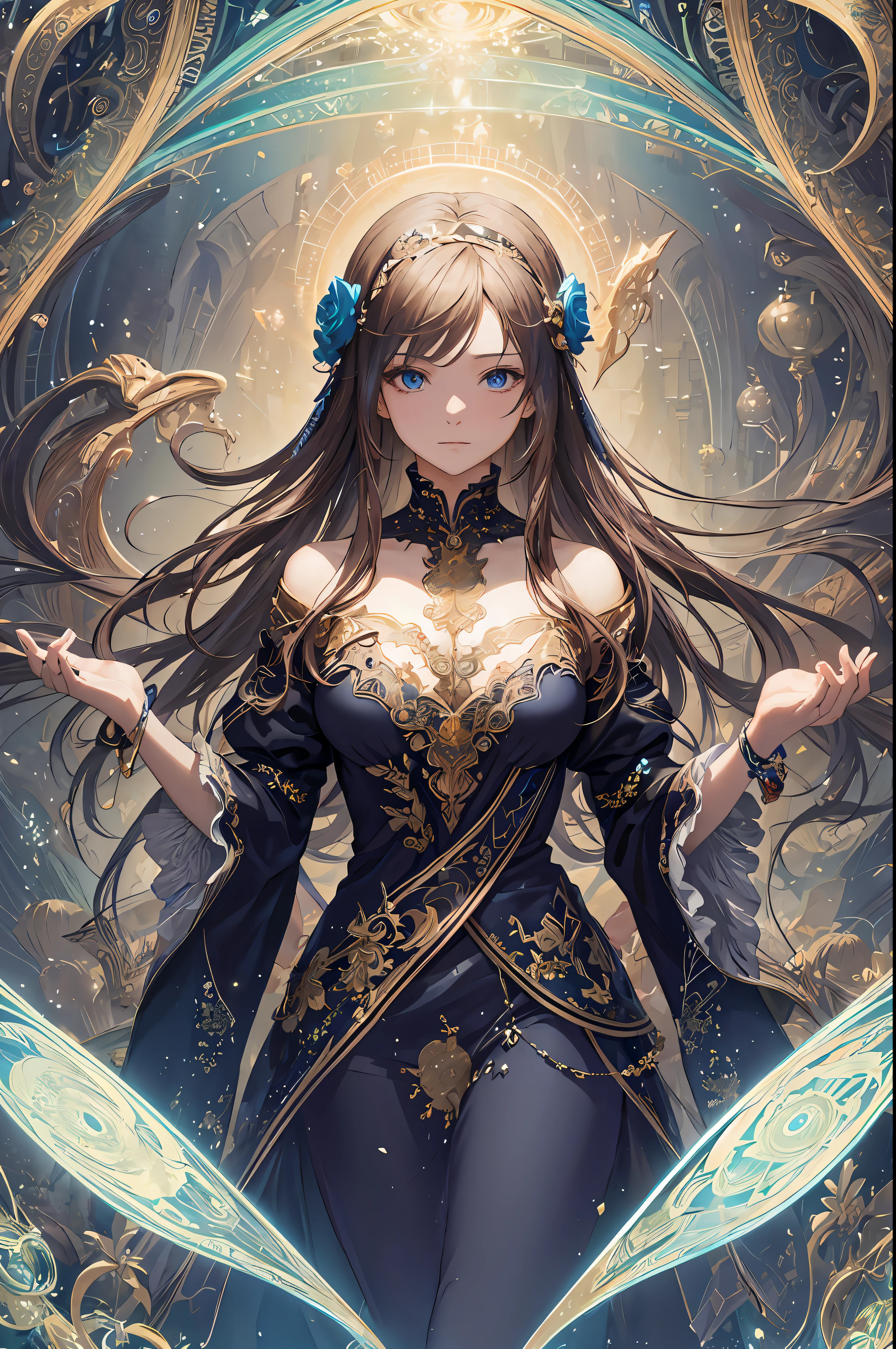 Anime girl with long hair and blue dress standing in front of a circular light, beautiful celestial mage, anime fantasy illustration, anime fantasy artwork, detailed digital anime art, very detailed artgerm, Anime goddess, 2. 5 d cgi anime fantasy artwork, fantasy art style, Beautiful fantasy empress, fanart best artstation, detailed anime art, beautiful fantasy anime