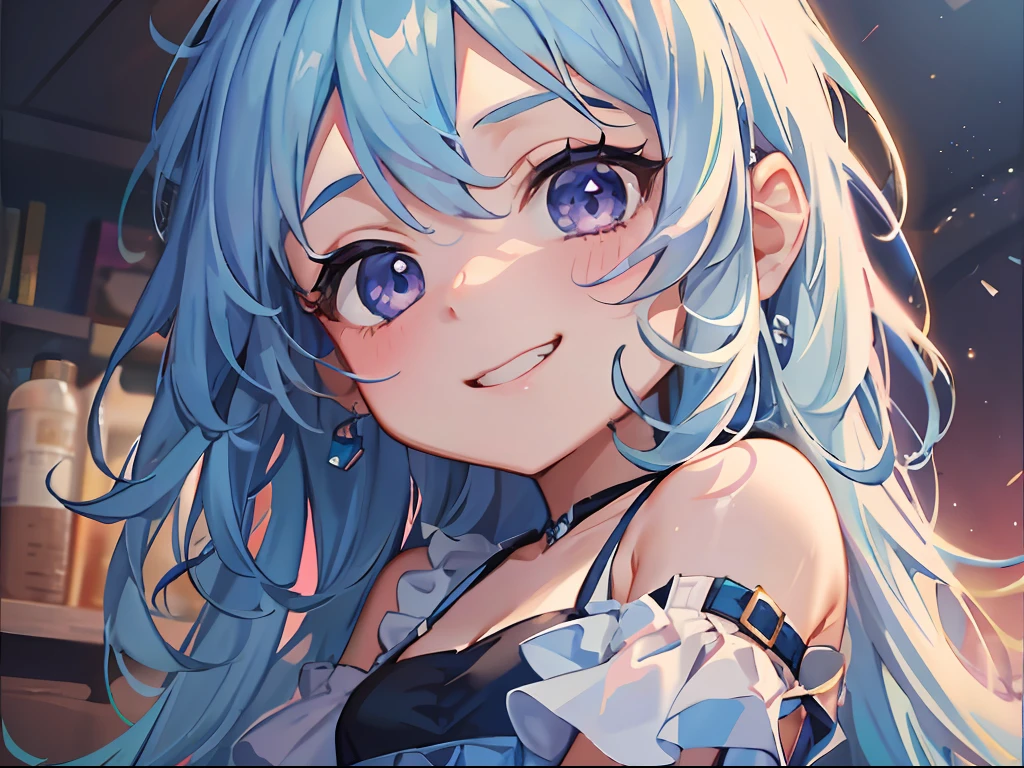 A 5  girl，closeup cleavage，blue  hair，long whitr hair，long  skirt，purple-eyed，Bad smile