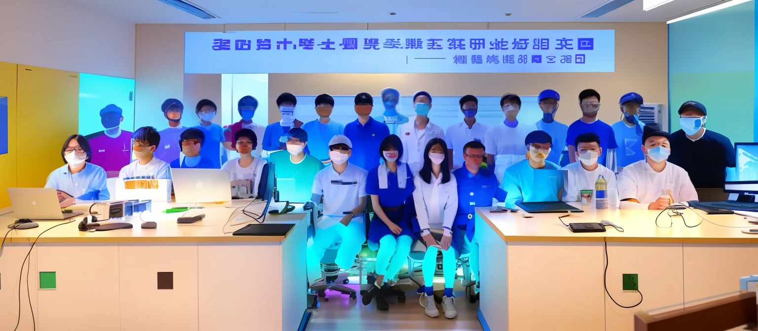 There are a lot of people standing in front of computers and sitting in front of computers, Group photo, Lab Room, mingchen shen, Li Zixin, Back-office lab, in a lab, full - view, jinyiwei, author:Kim Jong-hee, author:Liao Zhichun, From left, xision wu, in laboratory, Chen Zezhou