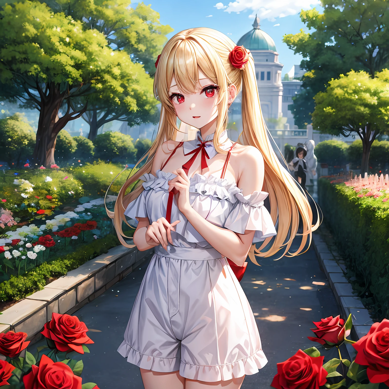 a blond、red eyes、One pretty girl、独奏、animesque、off shoulders、shortpants、Rose Garden
