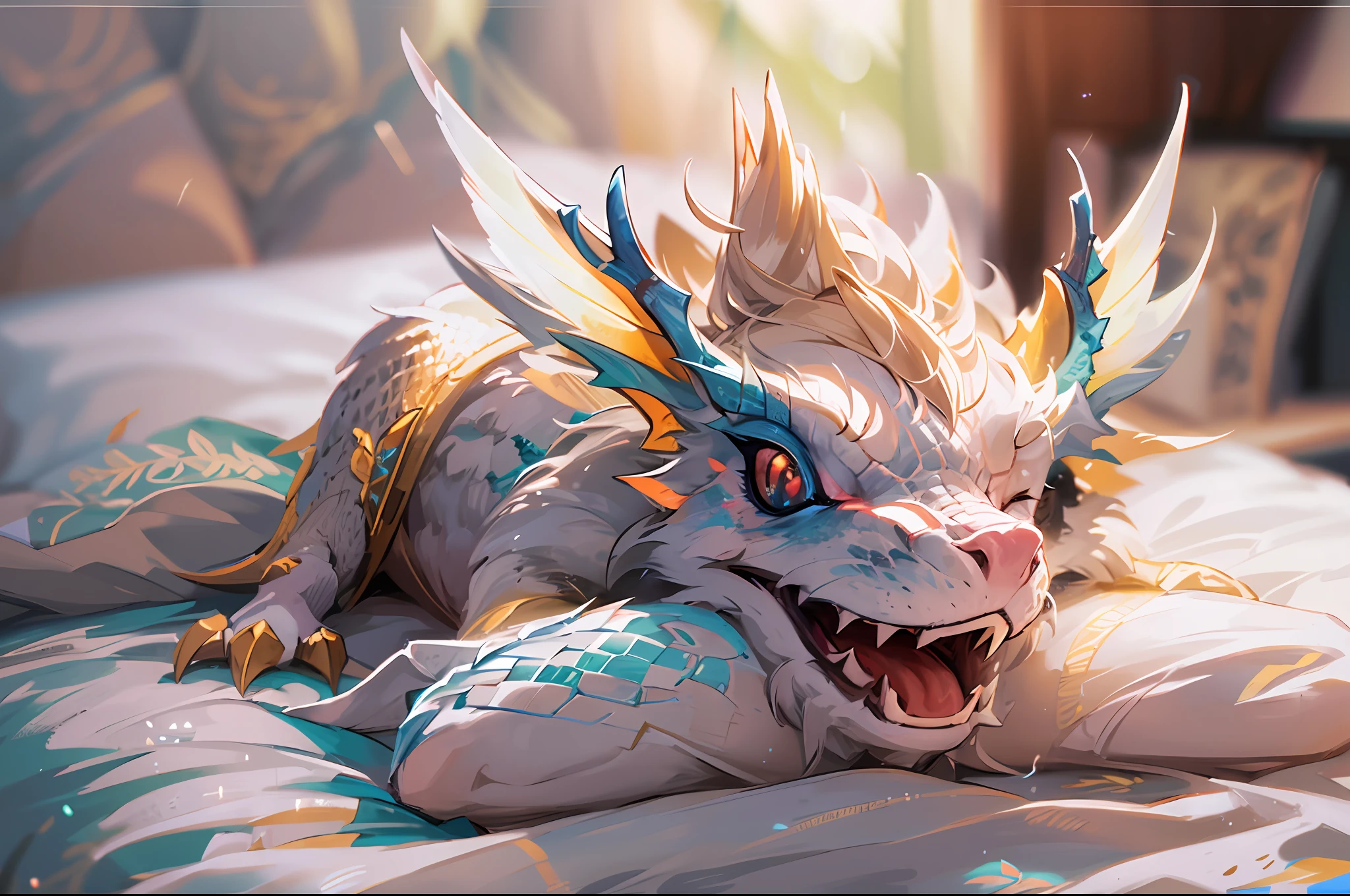 cute, Q type, a lovely pet dragon, sleep beside the pillow on the bed, closed ist eyes, with sliver scales, with two small wings, moon light is stright on its scales, wide shot, blurry, god rays, ray tracing, reflection light, masterpiece, high quality, high details, best quality, ccurate, anatomically correct, textured skin, UHD, 1080P