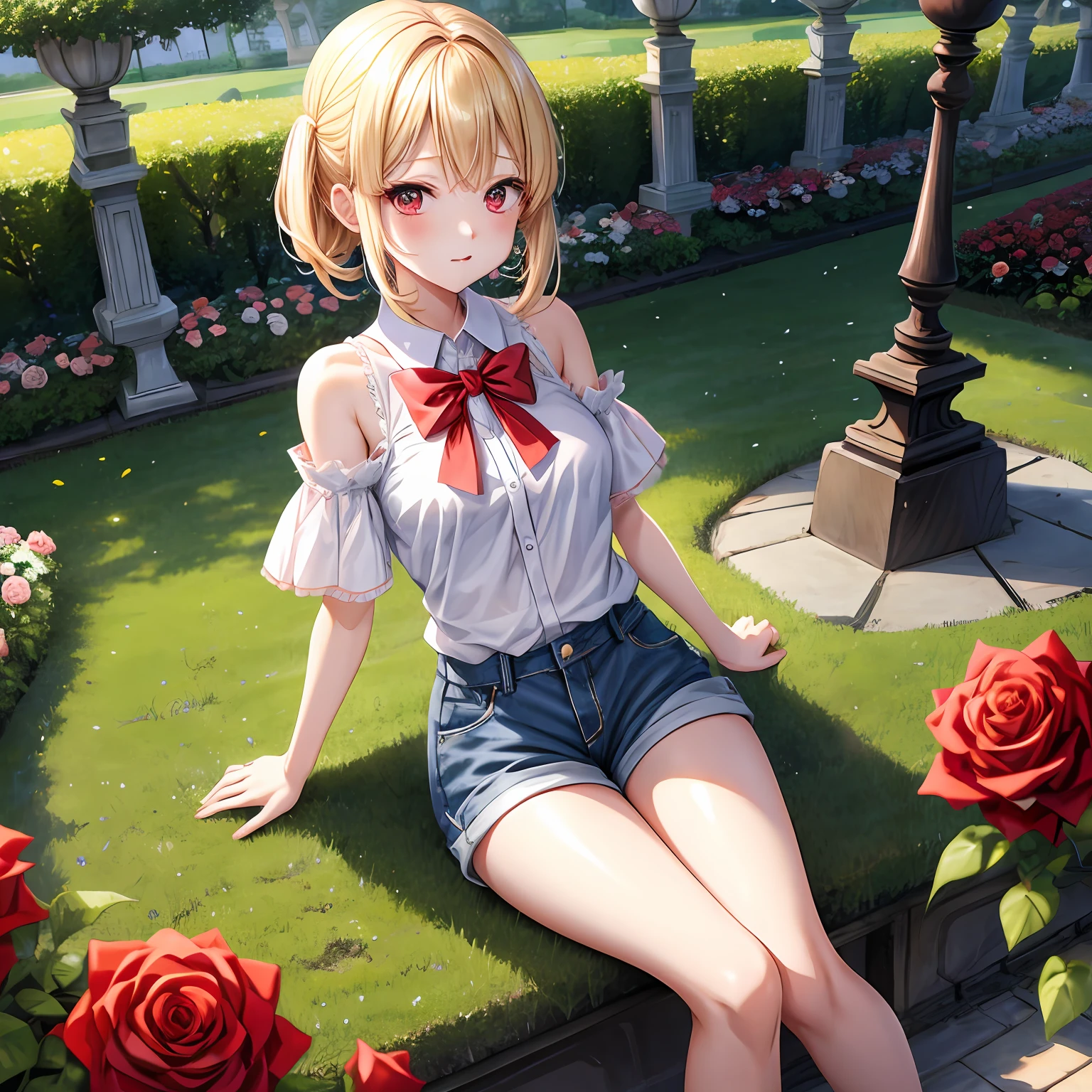 a blond、red eyes、One pretty girl、独奏、animesque、off shoulders、shortpants、Rose Garden