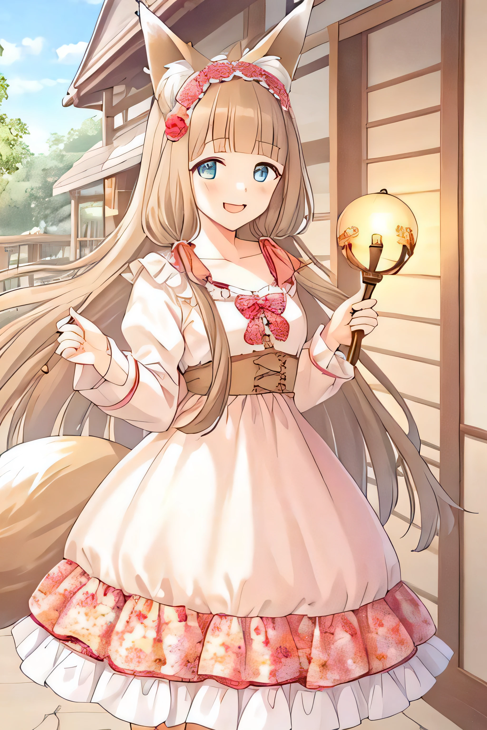 masterpiece,best quality,official art,extremely detailed CG unity 8k wallpaper,1girl,pupil,beautiful detailed eyes, tail,solo,long hair,fox ears,fox girl, hair ornament,fox tail,floral print, hair flower, full body, braid, looking at viewer, smile, bangs, very long hair,dress, blunt bangs,fang, light brown hair, animal ear fluff,
ired